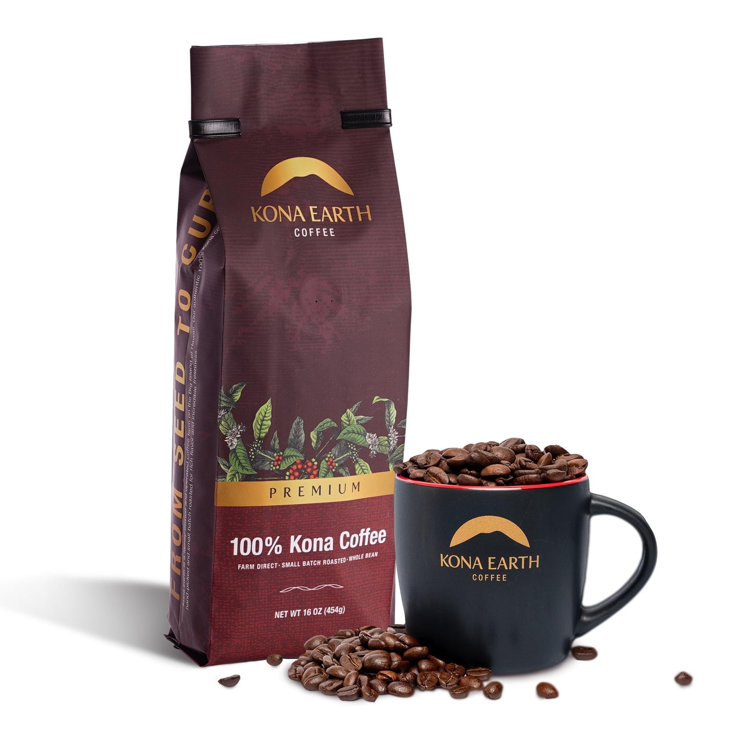 KONA EARTH - Premium, 100% Kona Coffee, Dark Roast, Farm-Fresh Whole Coffee Beans, Micro-Batch-Roasted, 1 lb., Pack of 1