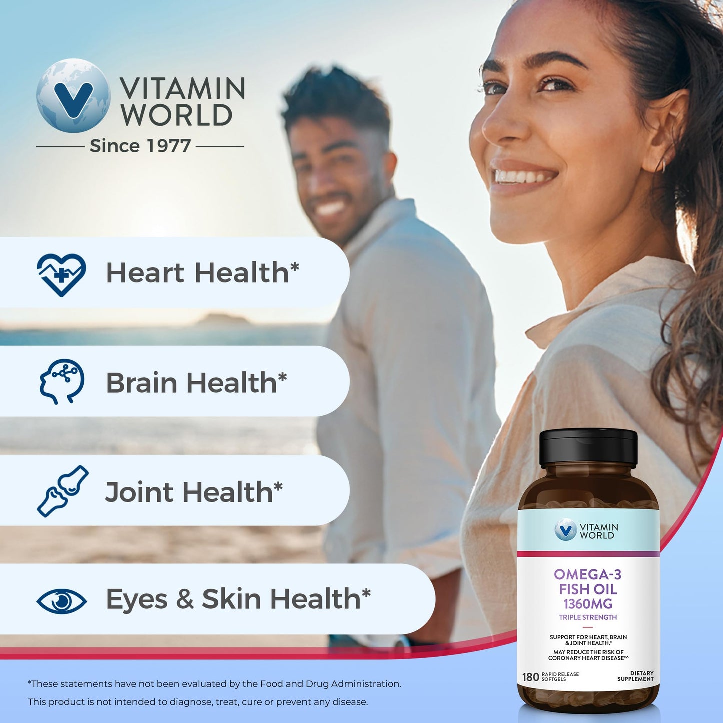 Vitamin World Triple Strength Omega 3 Fish Oil 1360 mg Supplement, 950 mg Active Omega-3 Fatty Acids with EPA & DHA, Supports Heart, Brain & Joint Health, Gluten Free, 180 Softgels, 6 Months Supply