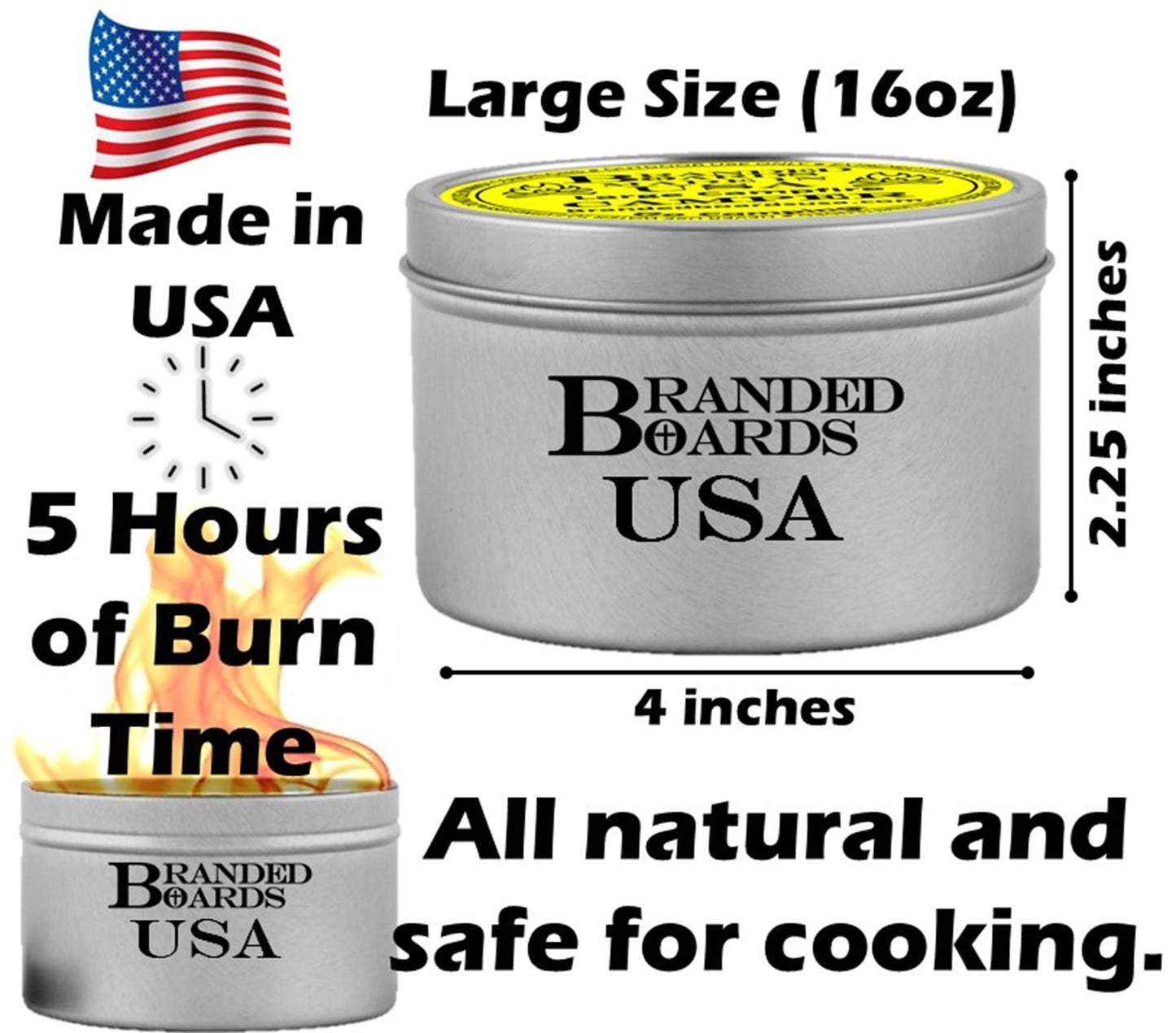 Branded Boards | Made in USA | Portable Mini Bonfire Campfire in a Can | Reusable & up to 5 Hours of Burn Time | Picnics Parties S'Mores Gifts Bushcraft Camping Survival Emergencies (Large 4-Pack)