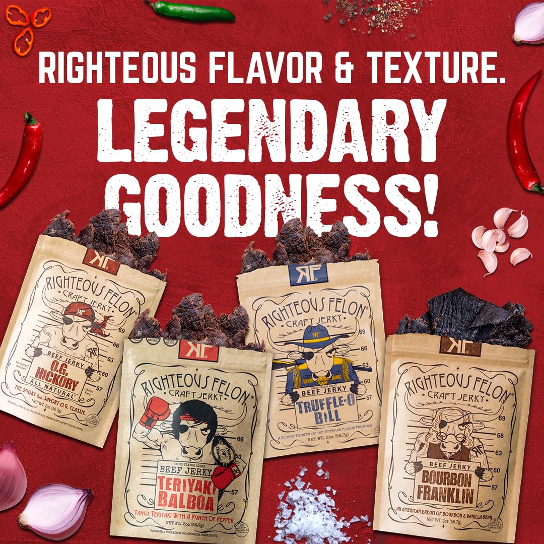 Righteous Felon Beef Jerky | All-Natural Jerky - Locally Sourced & Dried Beef Jerky - Low-Sugar Healthy Jerky Snacks (Sampler Pack)