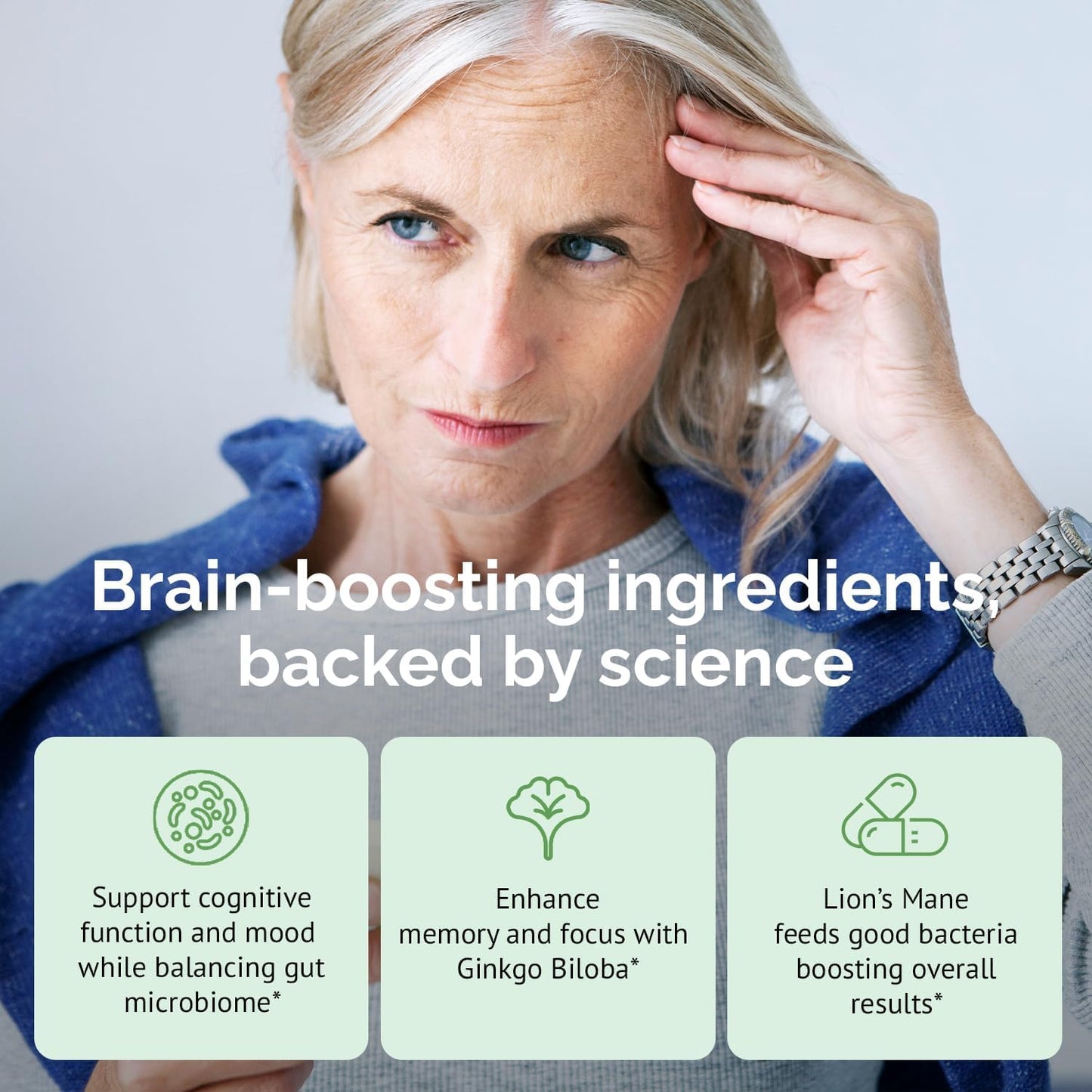Brain Supplement for Memory, Brain Fog, Focus, Mood & Concentration & Cognitive Function - Lion’s Mane Supercharged with Ginkgo Biloba & Two Probiotic Strains (60 Count - 1 Month Supply)