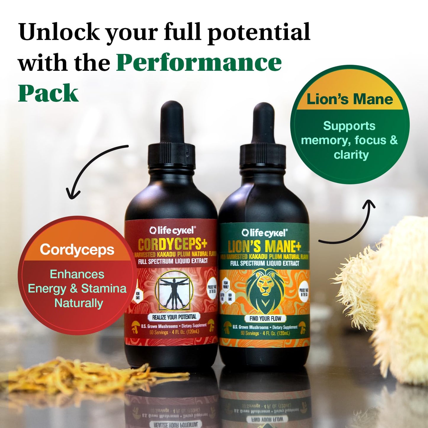 Life Cykel Cordyceps + Lions Mane Extract Performance Pack - Organic Mushroom Supplement for Energy, Focus & Mental Clarity - USA Made, Pure & Potent Mushroom Liquid Drops for Adults