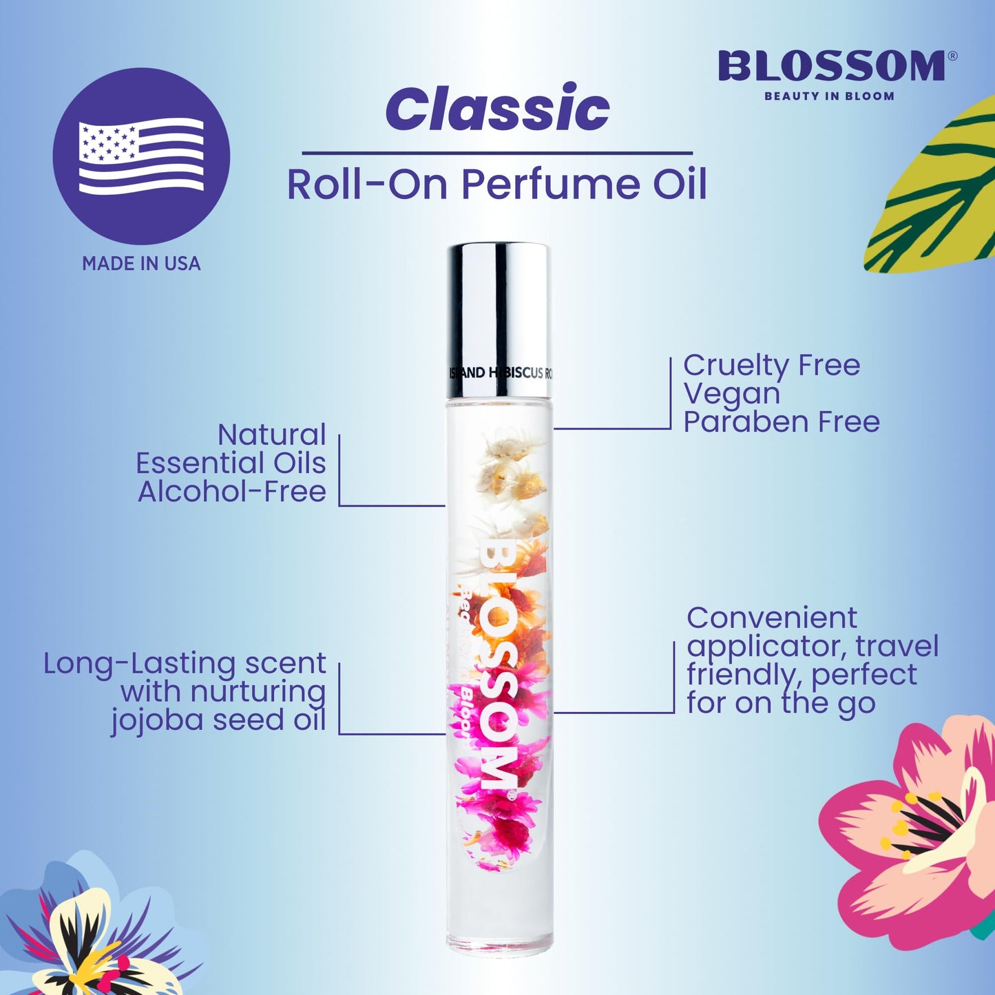 Blossom Roll on Perfume for Women Alcohol Free Rollerball Perfume Oil with Essential Oils, Infused with Real Flowers, Made in USA, 0.20oz (Peach, Jasmine, Rose, Gardenia, Sandalwood), Island Hibiscus