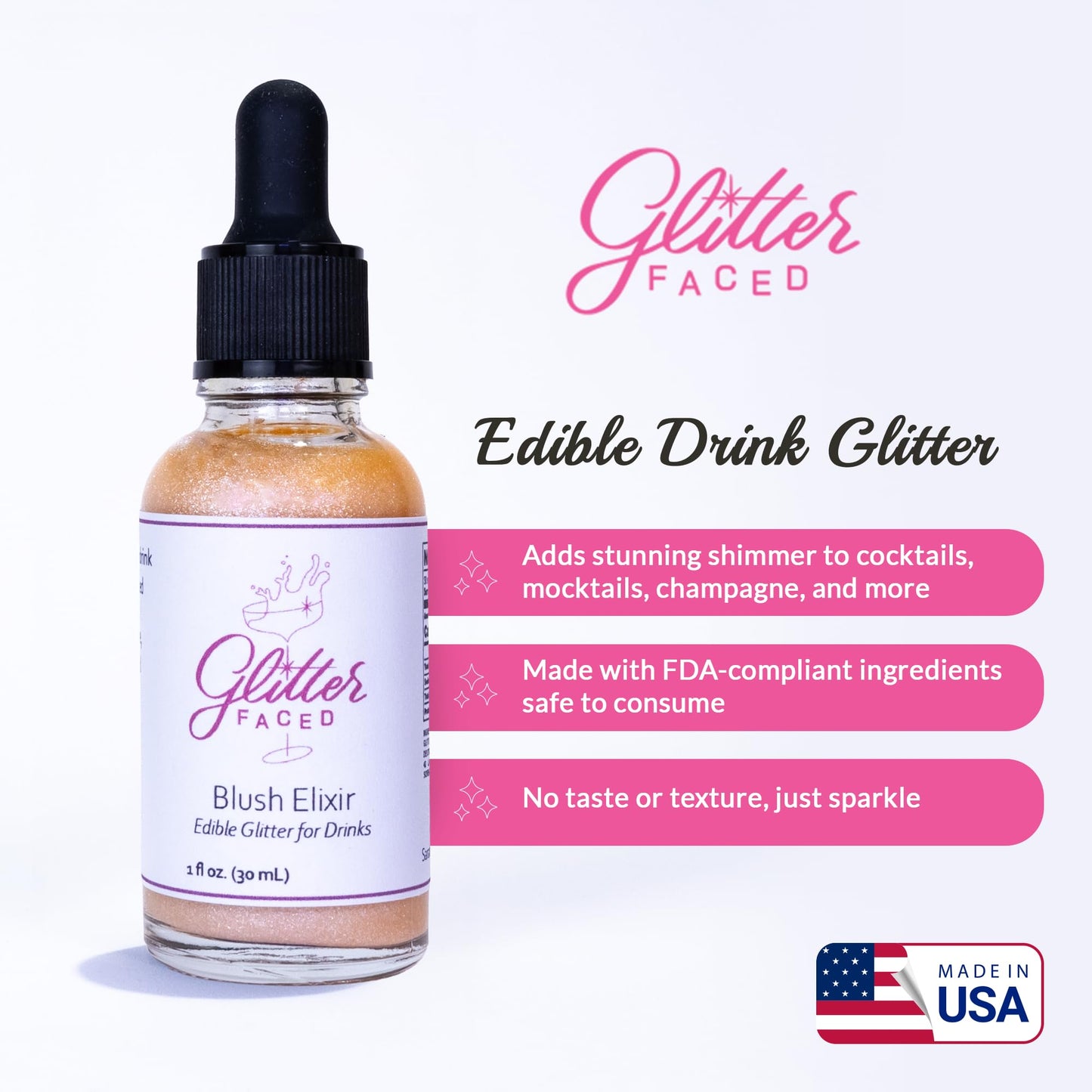 Glitter Faced Pink Edible Glitter For Drinks With 0-Calories, No Taste or Texture | 30ml Food-Grade, 30 Drinks, Luster Dust | Ideal for Beverages, Galentine’s, Parties & Events | Made in USA