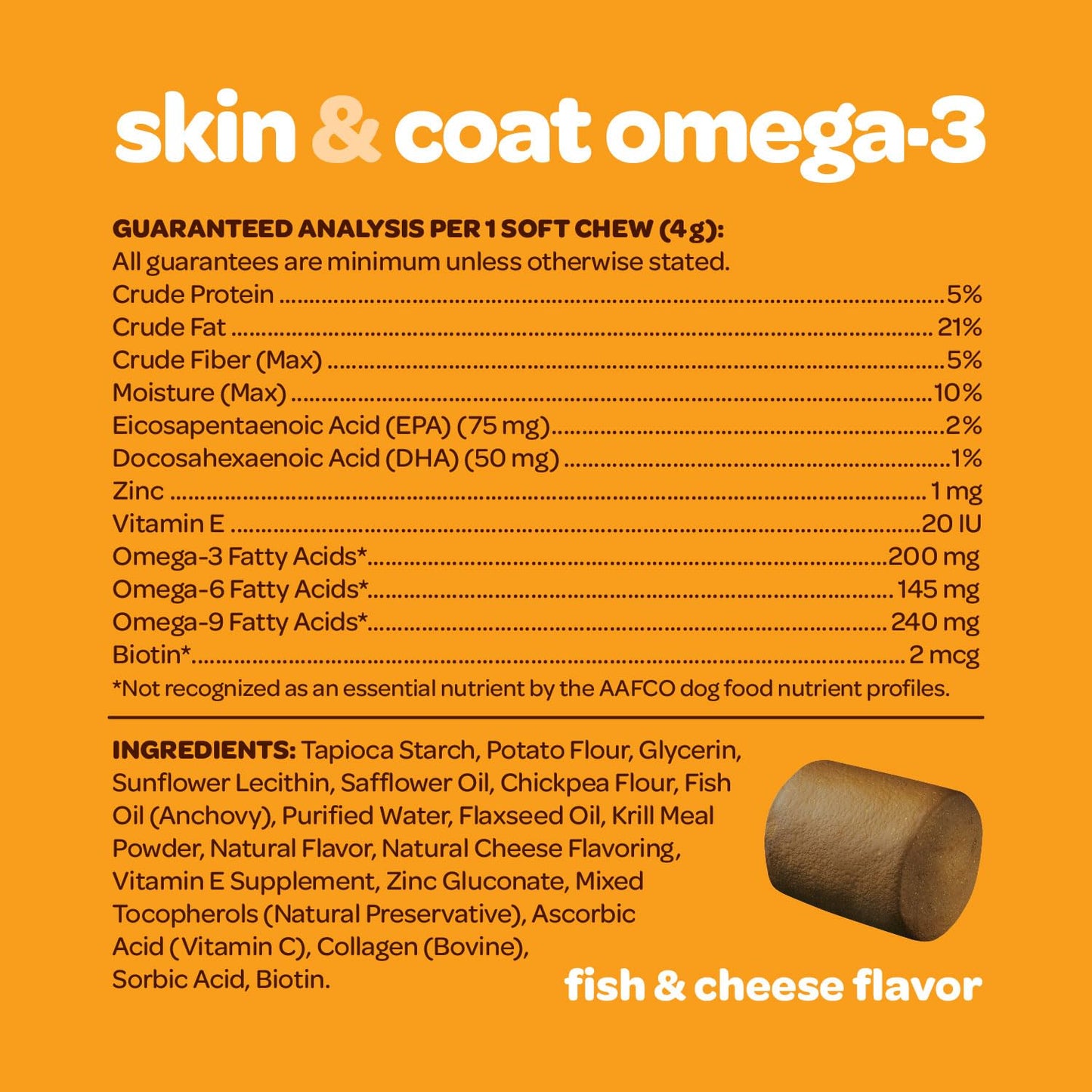 Skin and Coat Supplement for Dogs | Nourishing Omega 3 for Dogs with EPA DHA Krill Oil and Vitamin E | Dog Skin and Coat Supplement | 1 Chew up to 75lbs | NASC Certified & Made in The USA | 60 Chews
