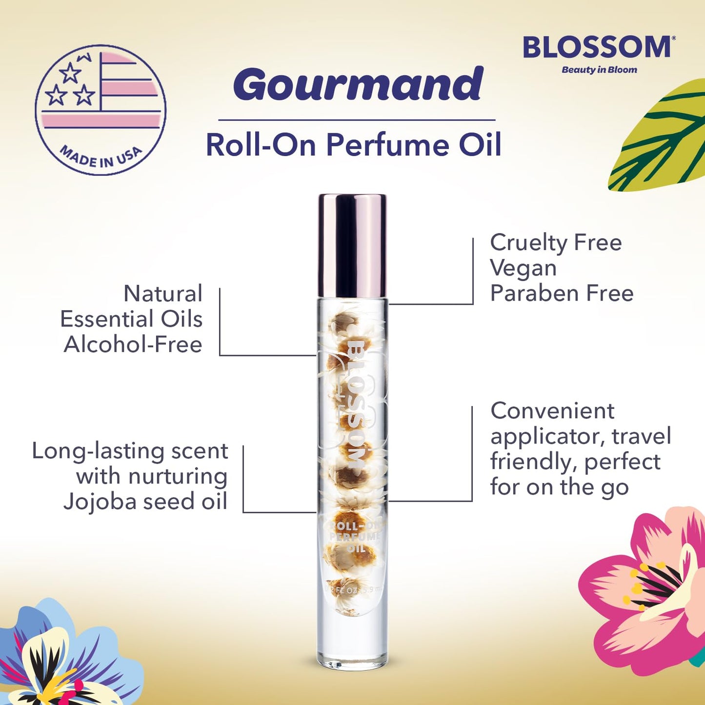 Blossom Roll on Perfume for Women Alcohol Free Gourmand Rollerball Perfume Oil with Essential Oils, Infused with Real Flowers, Made in USA, 0.20oz, (Vanilla, Cream, Sugar) Vanilla Sweet Cream