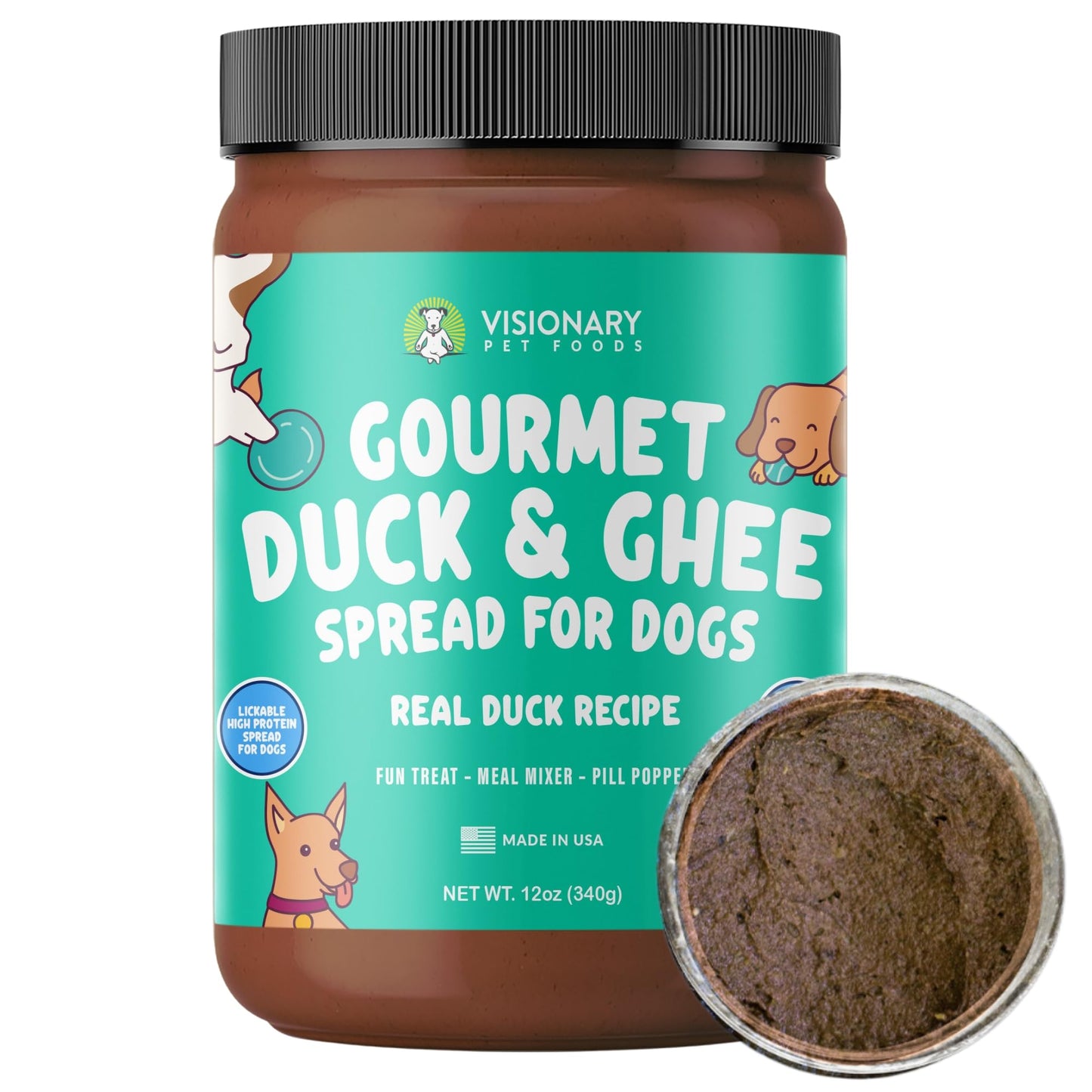 Visionary Pet Foods Duck Meat Spread - Healthy Dog Treat - Alternative to Dog Peanut Butter, Xylitol Free, No Sugar and Filler Free - Use on Lick Mat, Food Mixer, Pill Pockets - 12oz Jar