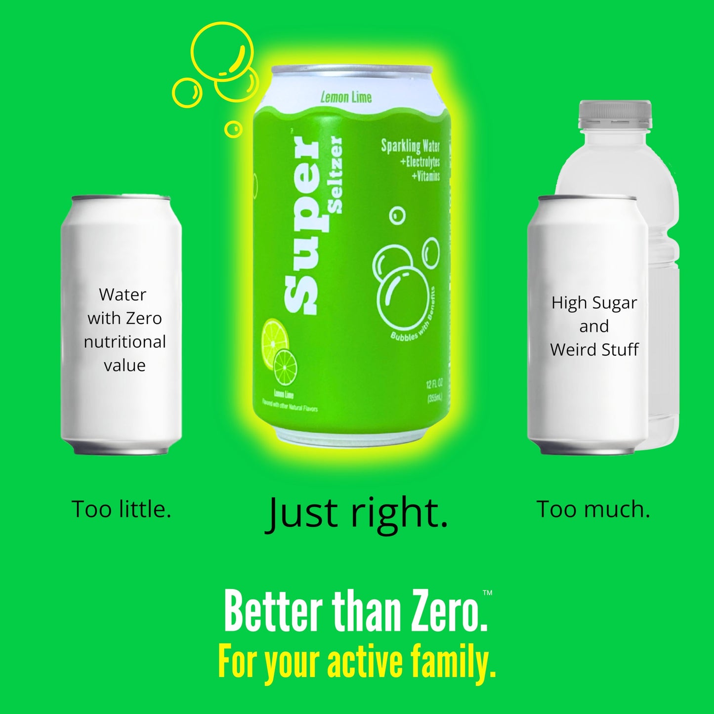 Super Seltzer Sparkling Water with Electrolytes and Vitamins, Lemon Lime Naturally Flavored, 12 Fl Oz, Pack of 12 cans