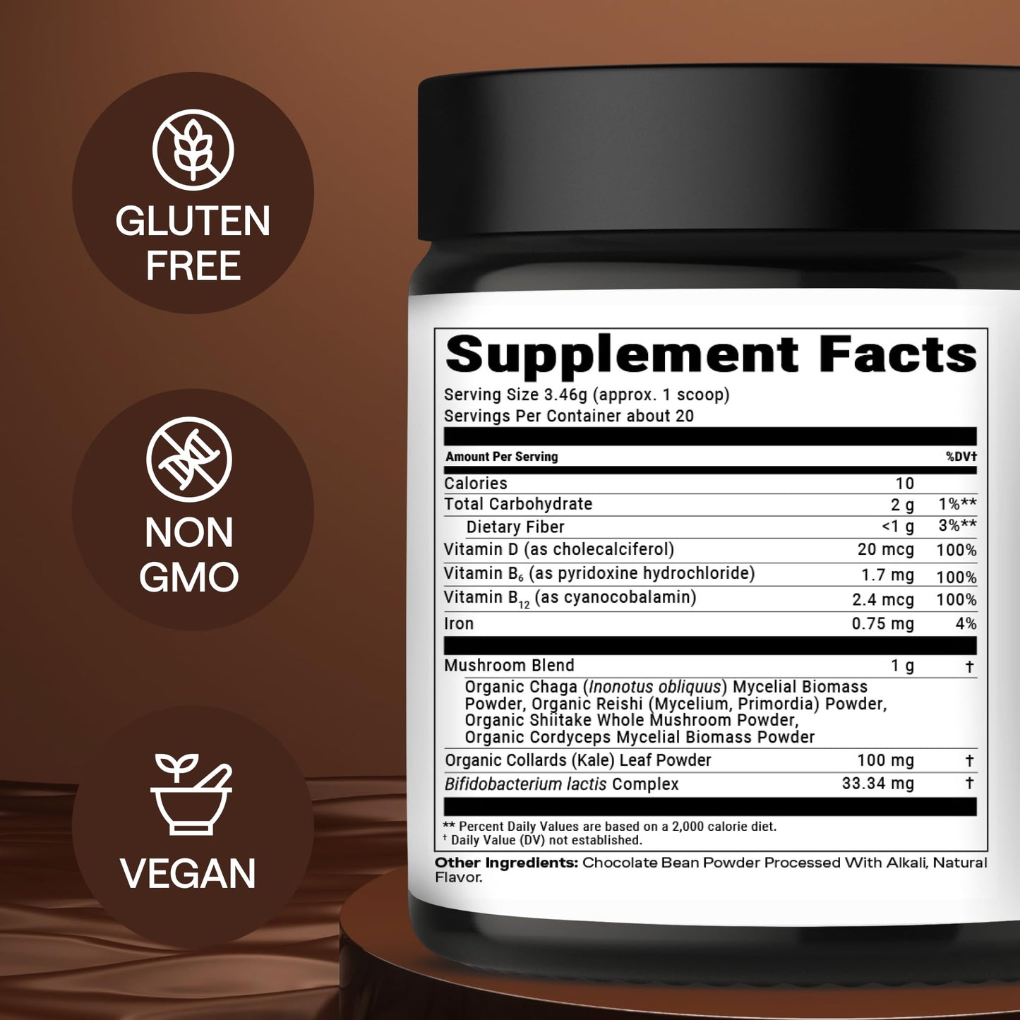 Instant Mushroom Powder 10:1 – Cordyceps Mushroom Supplement with Reishi, Chaga & Shiitake – Caffeine-Free Nighttime Drink with B6, B12, D + Probiotics Mushroom Cacao Organic Blend (No Sweetener)