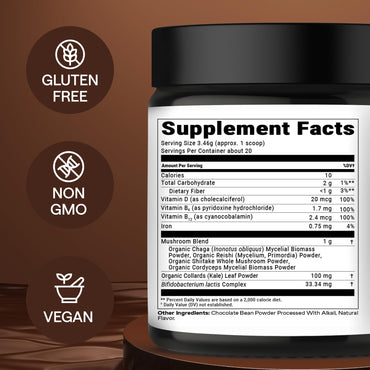 Instant Mushroom Powder 10:1 – Cordyceps Mushroom Supplement with Reishi, Chaga & Shiitake – Caffeine-Free Nighttime Drink with B6, B12, D + Probiotics Mushroom Cacao Organic Blend (No Sweetener)