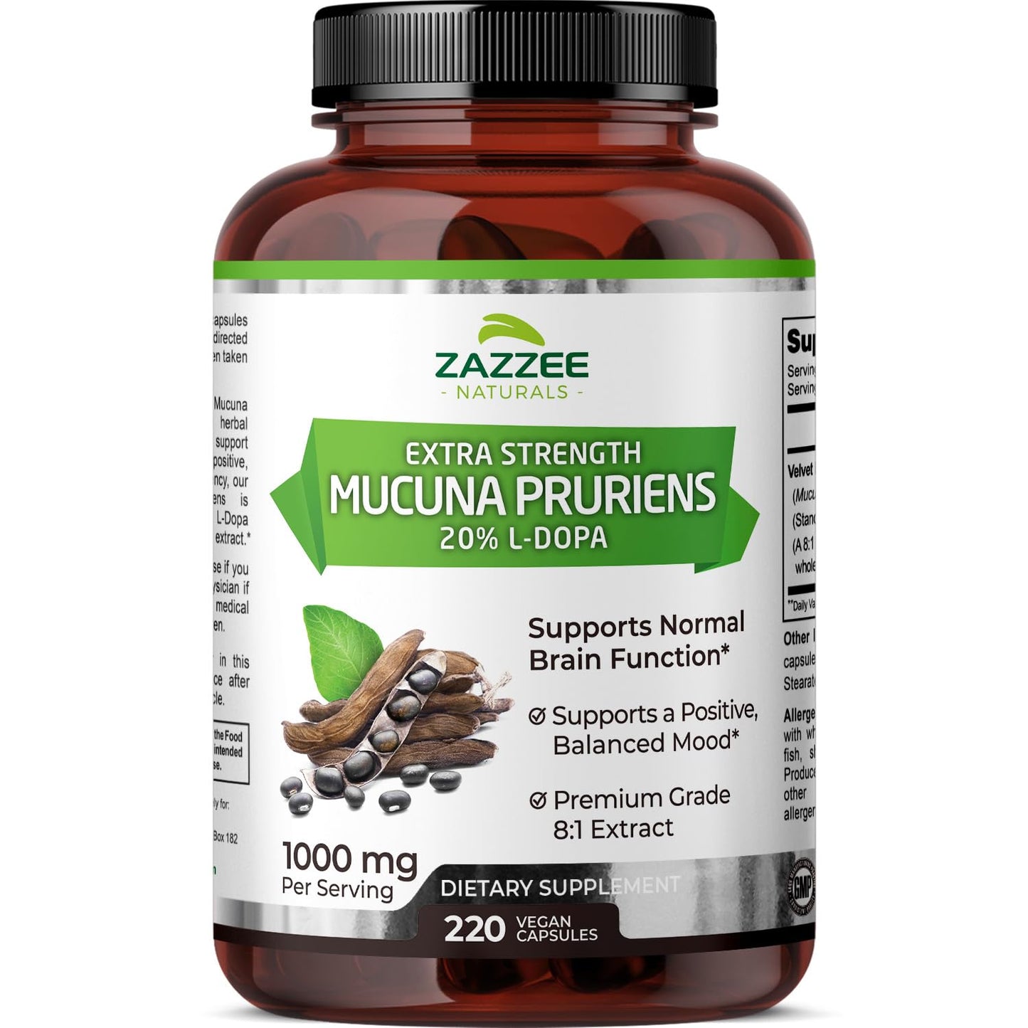 Zazzee Extra Strength Mucuna Pruriens 8:1 Extract, Minimum 20% L-Dopa, 1000 mg, 220 Vegan Capsules, 110 Day Supply, Concentrated and Standardized 8X Extract, 100% Vegetarian, All-Natural and Non-GMO