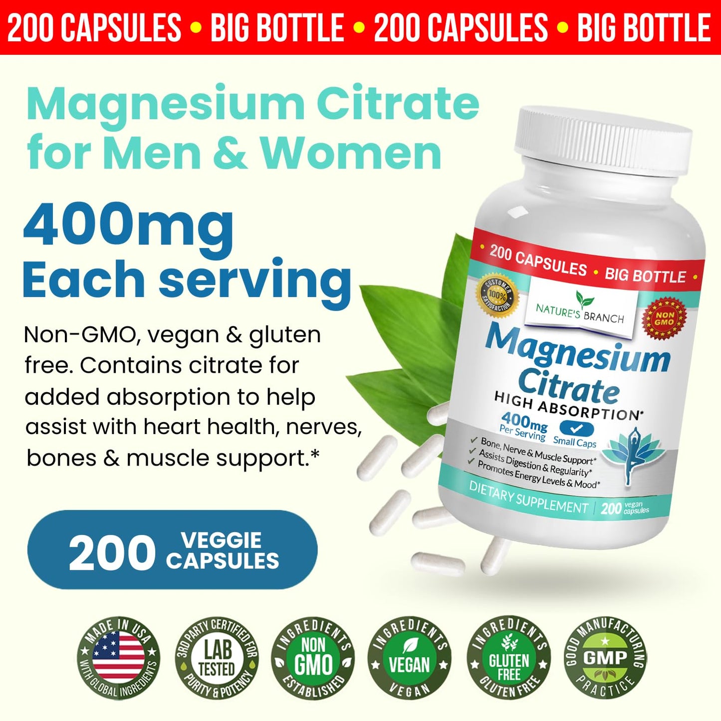 Magnesium Citrate 400mg - 200 Capsules - High Potency for Sleep, Leg Cramps, Extra Strength Absorption, Easy to Swallow Pills for Women & Men, Vegan Supplement Not Tablets - Made in USA