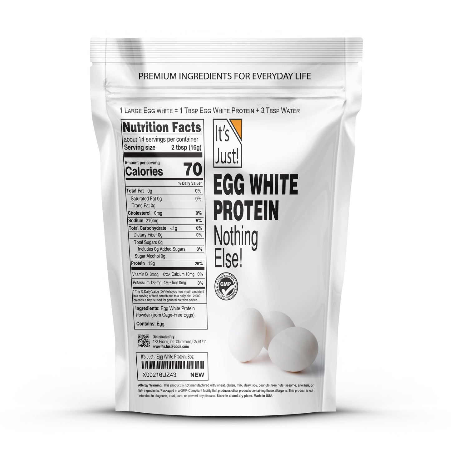 It's Just! - Egg White Protein Powder, Made in USA from Cage-Free Eggs, Dried Egg Whites (Unflavored, 8oz)