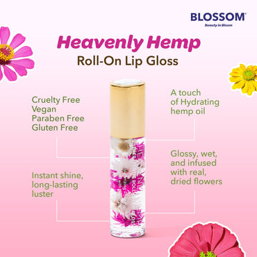 Blossom Roll on Lip Gloss, Scented Clear High Shine Moisturizing Lip Oil, Non Sticky, Infused with Real Flowers, Made in USA, 0.2oz, Strawberry Hemp