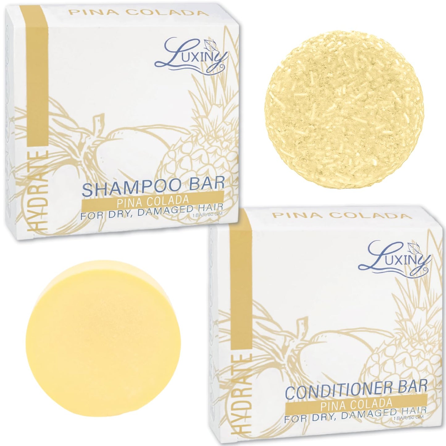 Luxiny Pina Colada Shampoo and Conditioner Bar Set - Sulfate-Free Shampoo Bar (60g) & Deep Conditioner Bar (50g) for Normal to Dry Hair, Made in USA