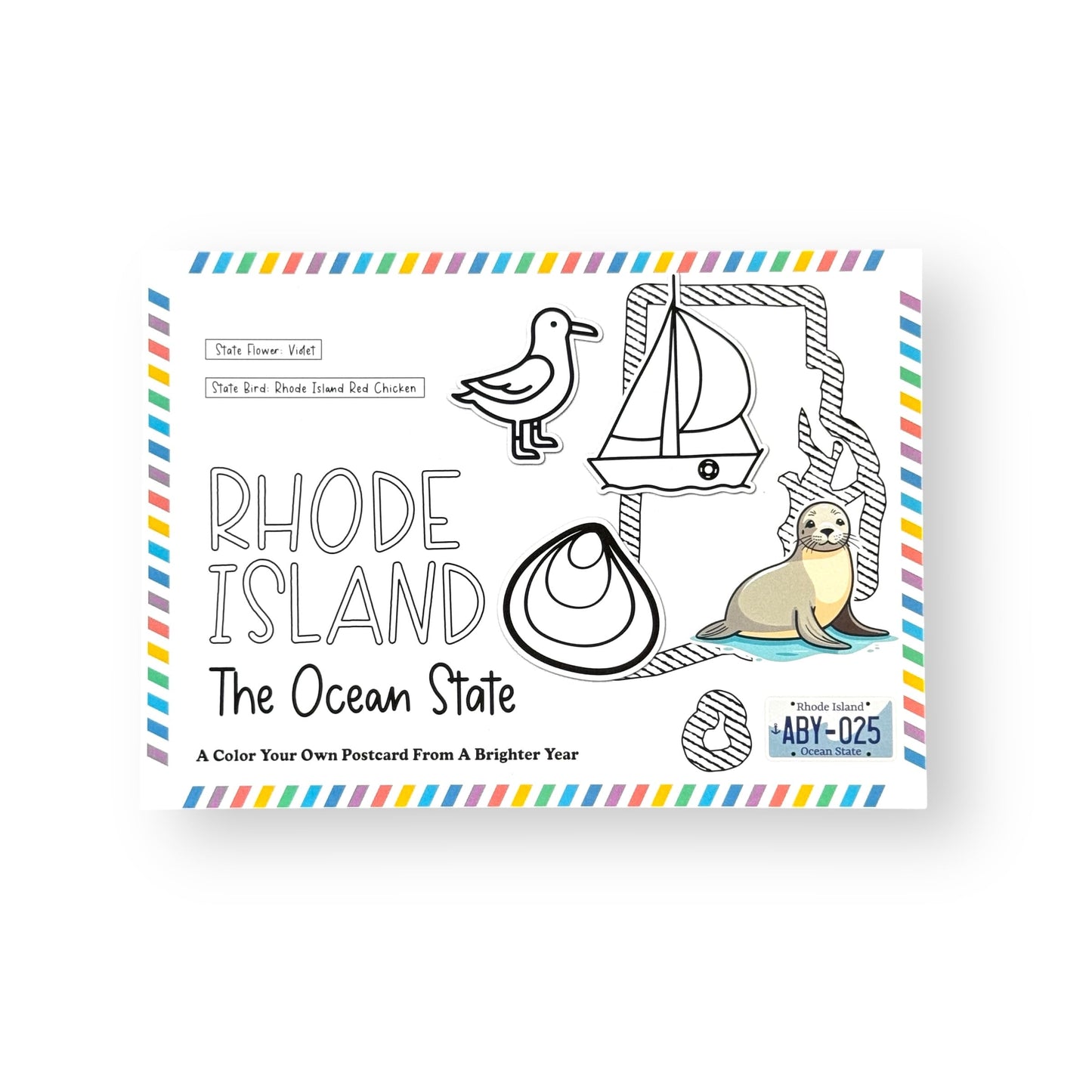 A Brighter Year Color Your Own Postcard - Rhode Island State - 5"x 7", Premium Quality, Sturdy Cardstock, Sized for Mailing, Illustrations - Stress & Anxiety Relief