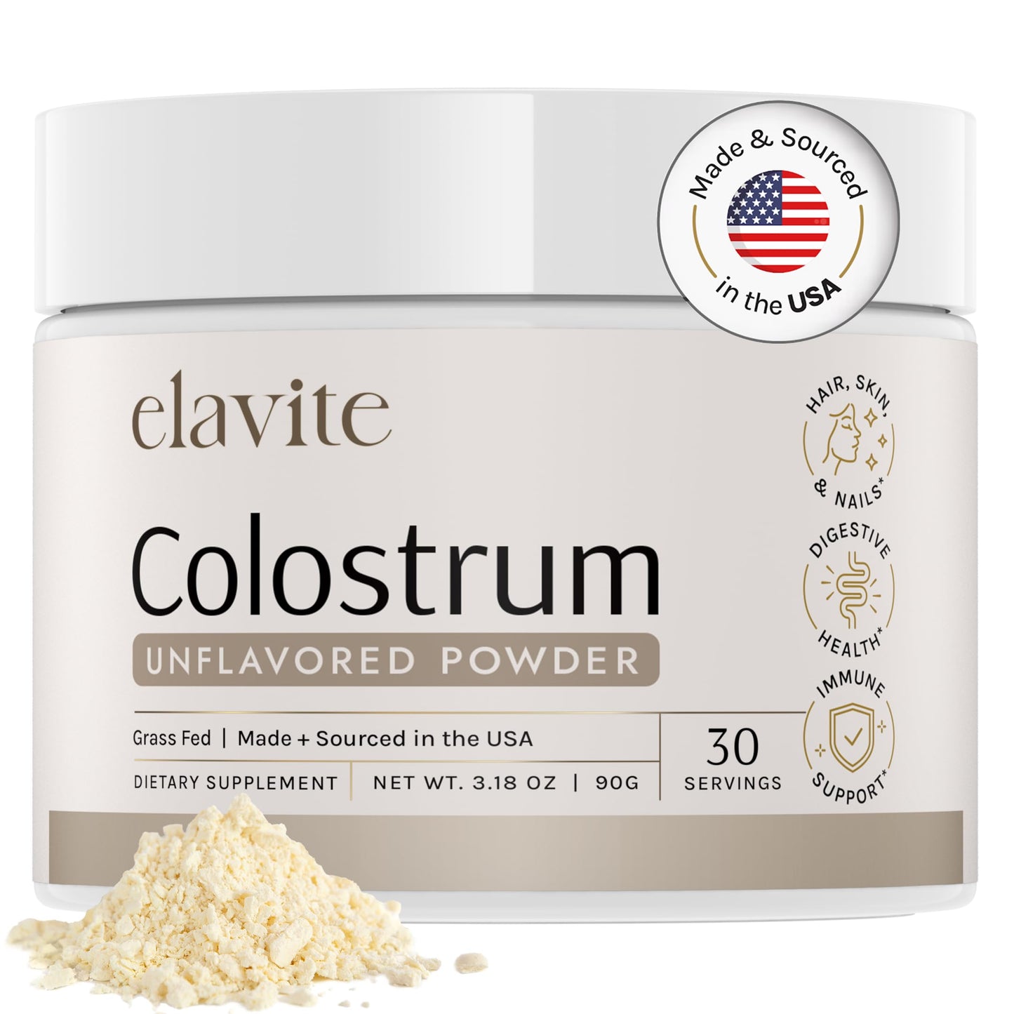 Elavite Bovine Colostrum Powder (Unflavored) Grass Fed Colostrum Supplement for Gut Health, Immune Support Healthy Hair, Skin & Nails - 30 Servings