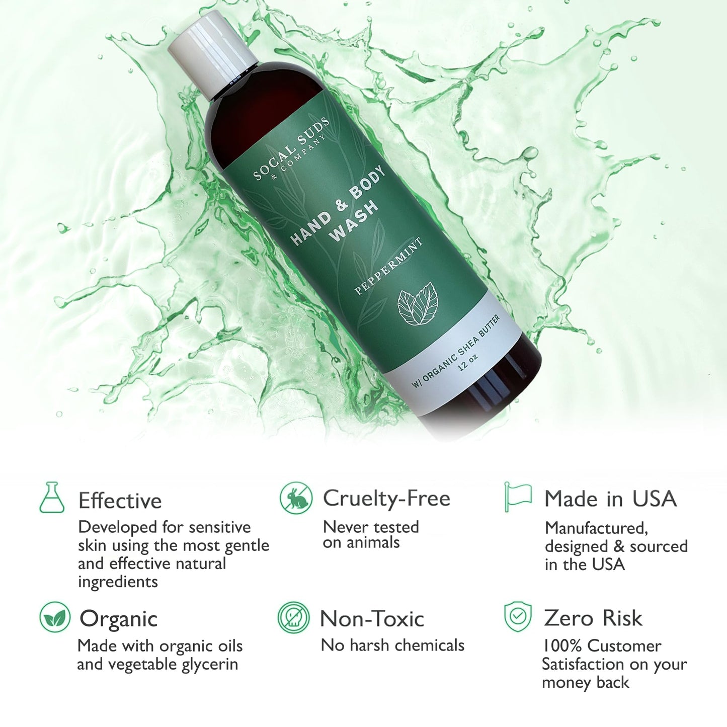 SoCal Suds & Company Hand & Body Wash Organic Shea Butter - Peppermint Scent - Liquid Soap - Daily Body Wash for Men and Women - Moisturizing Ingredients - Gentle Shower Gel - Non-Drying - 12oz