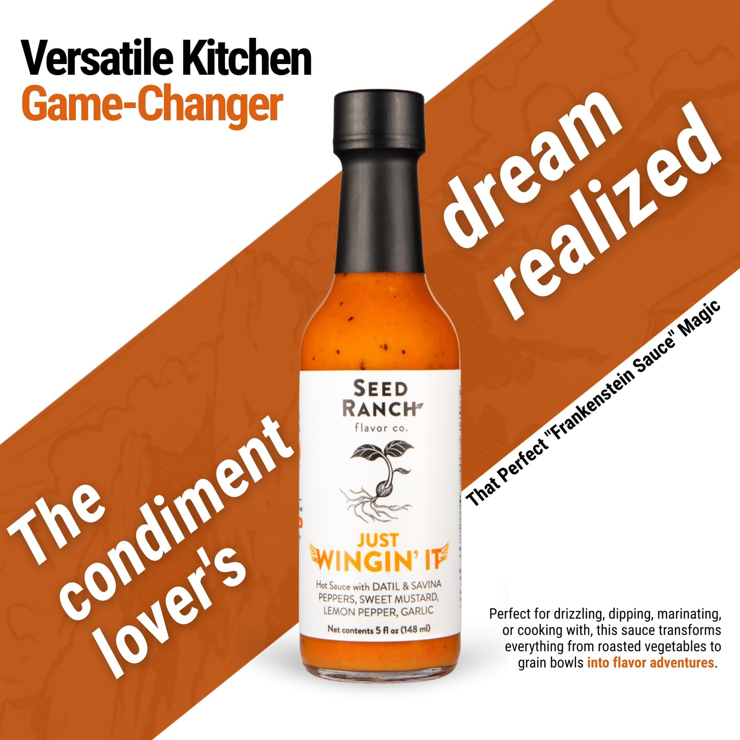 Seed Ranch Just Wingin' It Hot Sauce, 5 fl oz., Medium Heat, Datil and Savanna Peppers, Small-Batch Organic Gourmet Sauces, Vegan, Non-GMO, Gluten-Free, As Seen on Hot Ones S27