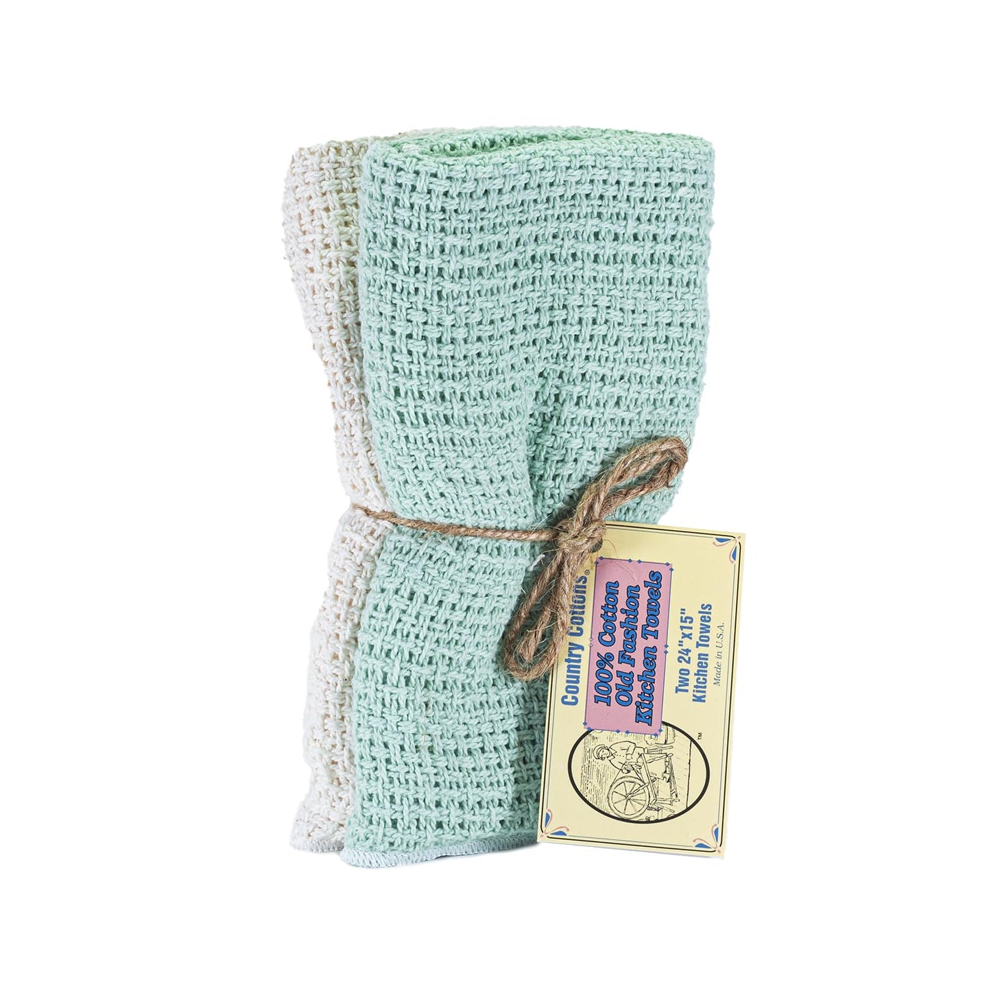 Country Cottons Old Fashion 100% Cotton Kitchen Towels - Set of 2-24"x15" (Mint Green/Natural)