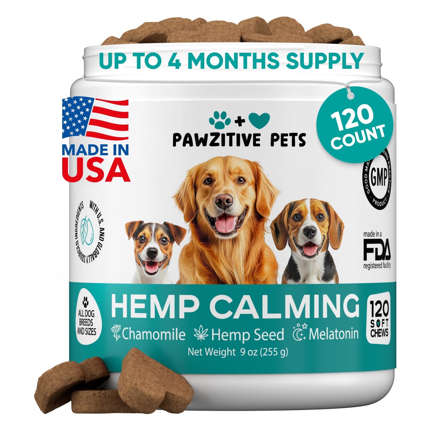 Hemp Calming Chews for Dogs - Dog Calming Chews for Anxiety Relief, Stress, Separation, Fireworks, Thunder, Travel, Vet Visits - USA Product - 120 Soft Treats with Melatonin, Chamomile, Passion Flower