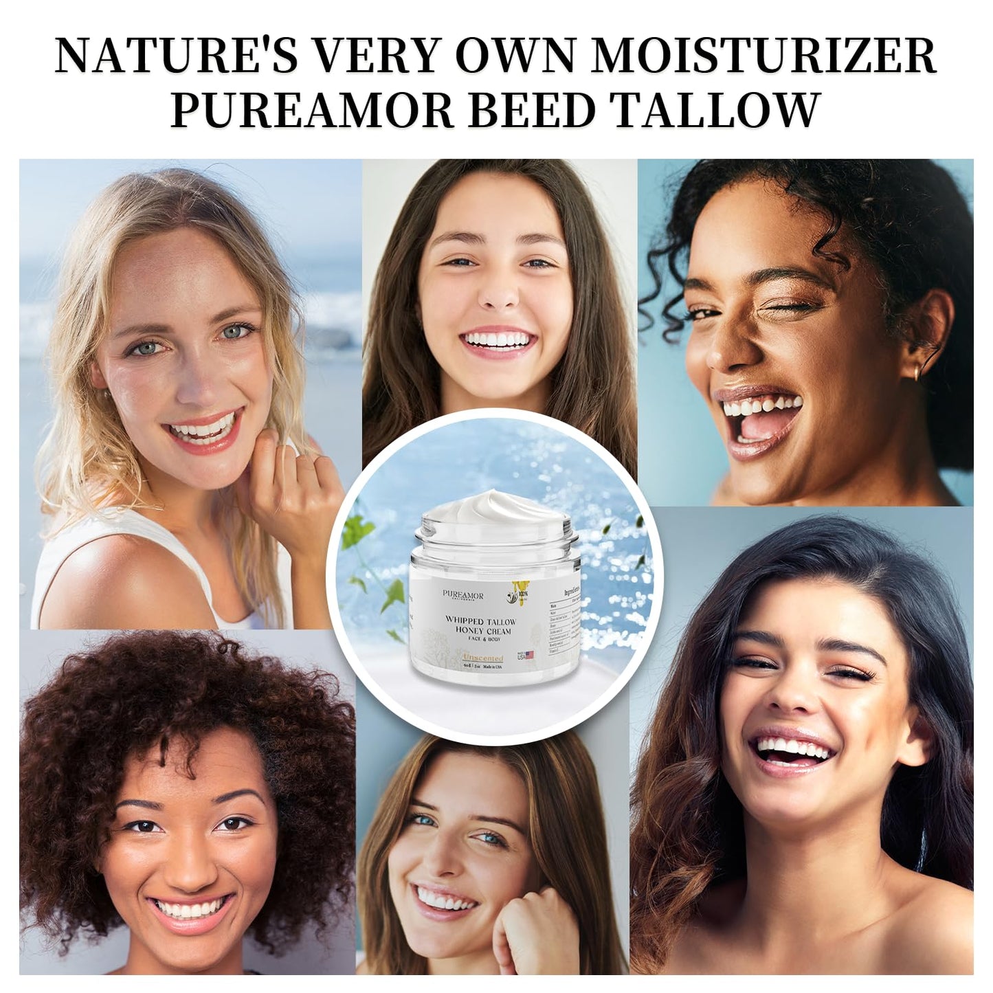 PUREAMOR Beef Tallow for Skin, Beef Tallow Face Moisturizer Cream, Fast Absorption Whipped Tallow and Honey Balm, 2oz. Unscented, Grass Fed Beef Tallow for Skin Care, Face,Body Moisturizer,Made in USA