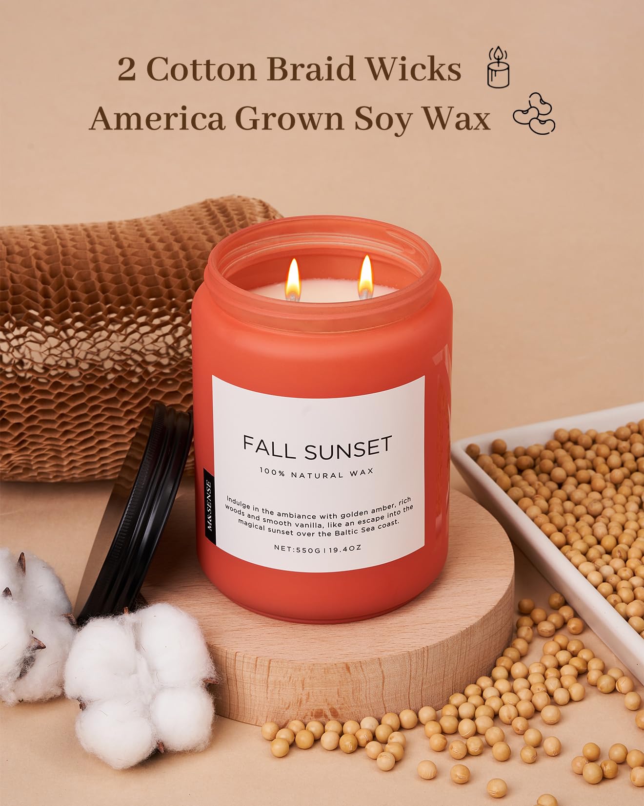 M&SENSE Fall Sunset Amber Scented 19.4oz 110 Hours Long Lasting Slow Burning Candle for Housewarming, Large Natural Soy Organic Relaxing Aromatherapy Candle Gifts for Women Men
