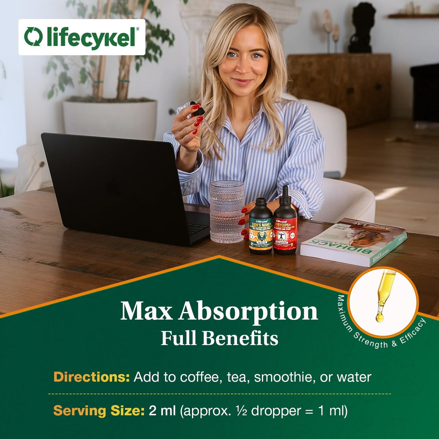 Life Cykel Cordyceps + Lions Mane Extract Performance Pack - Organic Mushroom Supplement for Energy, Focus & Mental Clarity - USA Made, Pure & Potent Mushroom Liquid Drops for Adults