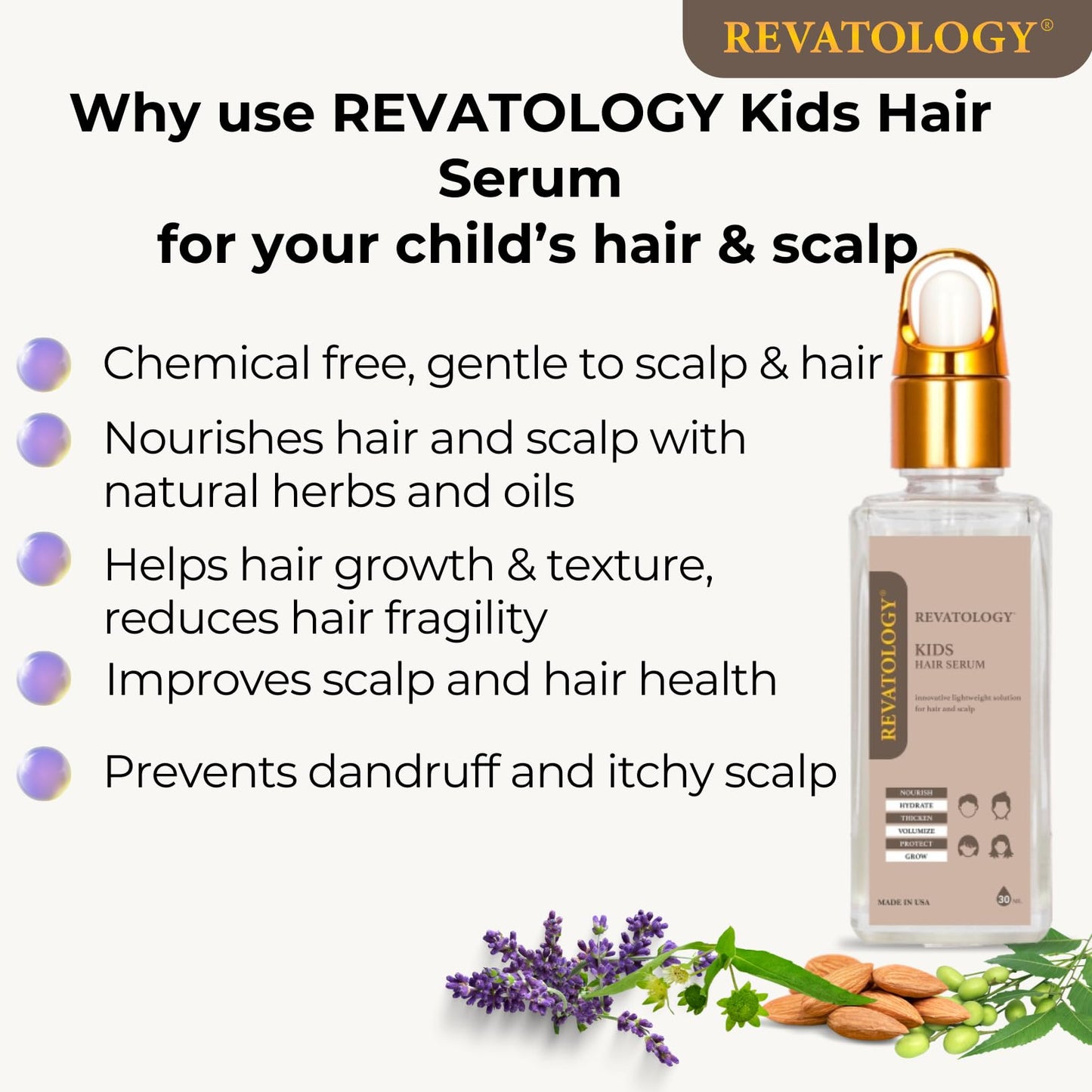 REVATOLOGY Kids Hair Serum (Made in USA) for Hair Thickness, Strength, Growth and Scalp Revitalization for straight, curly, waivy, coiled hair in toddlers, teen, and children | chemical & cruelty free