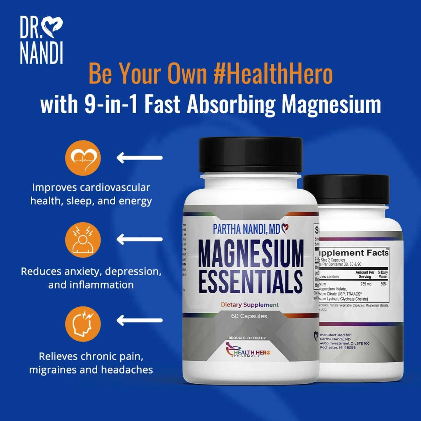 Dr. Nandi's Triple Magnesium Complex Supplement โ Magnesium Citrate, Malate & Glycinate โ Supports Sleep, Stress, Muscle, Nerve & Heart Health โ High Absorption Formula โ 235MG โ 60 Capsules