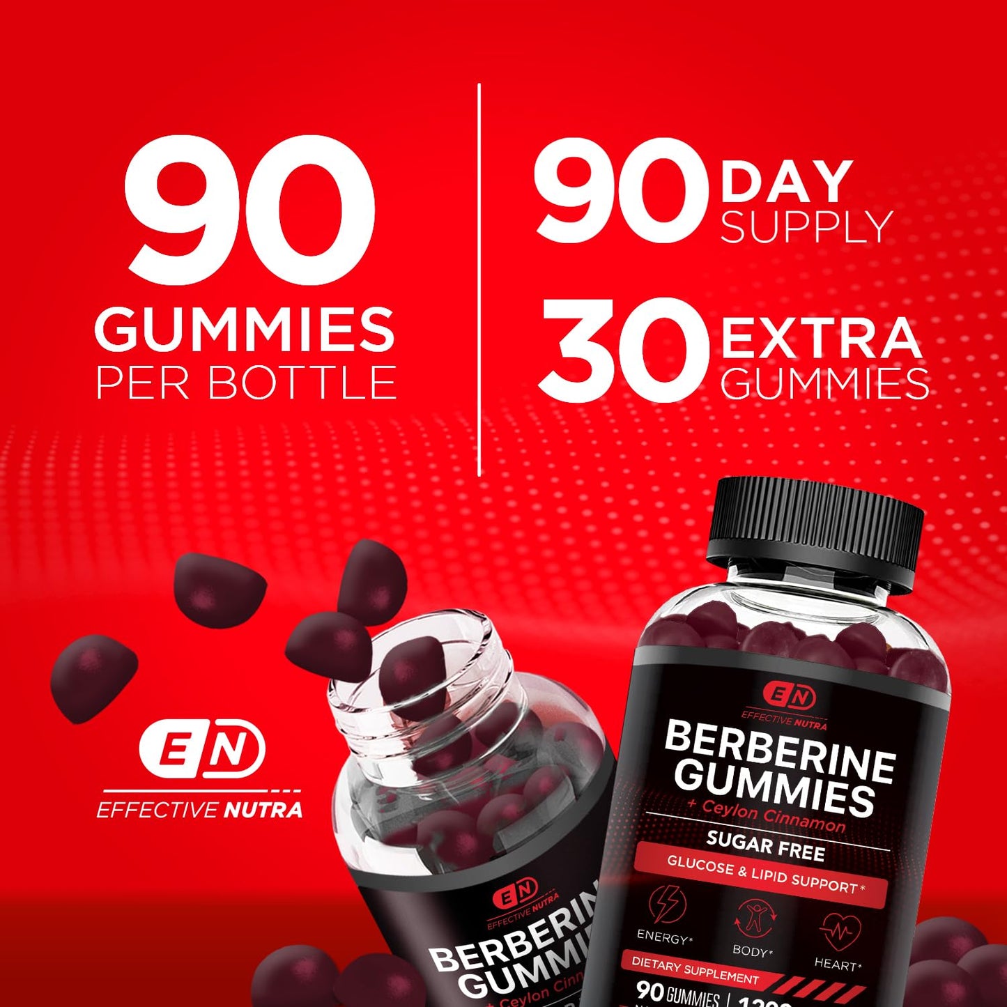 EFFECTIVE NUTRA Berberine Gummies with Ceylon Cinnamon | Sugar-Free Supplement 1200mg for Blood Sugar Support, Heart Health, Energy | 45-Day Supply, Natural Berry Flavor, Made in USA (90 Count)