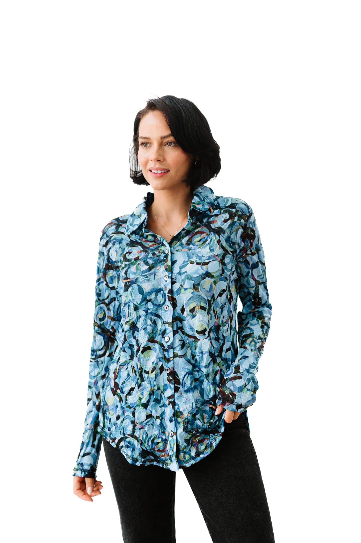 SNO SKINS Fall/Winter Collection Designer Print Crinkle Button-Down Shirt (Denim)