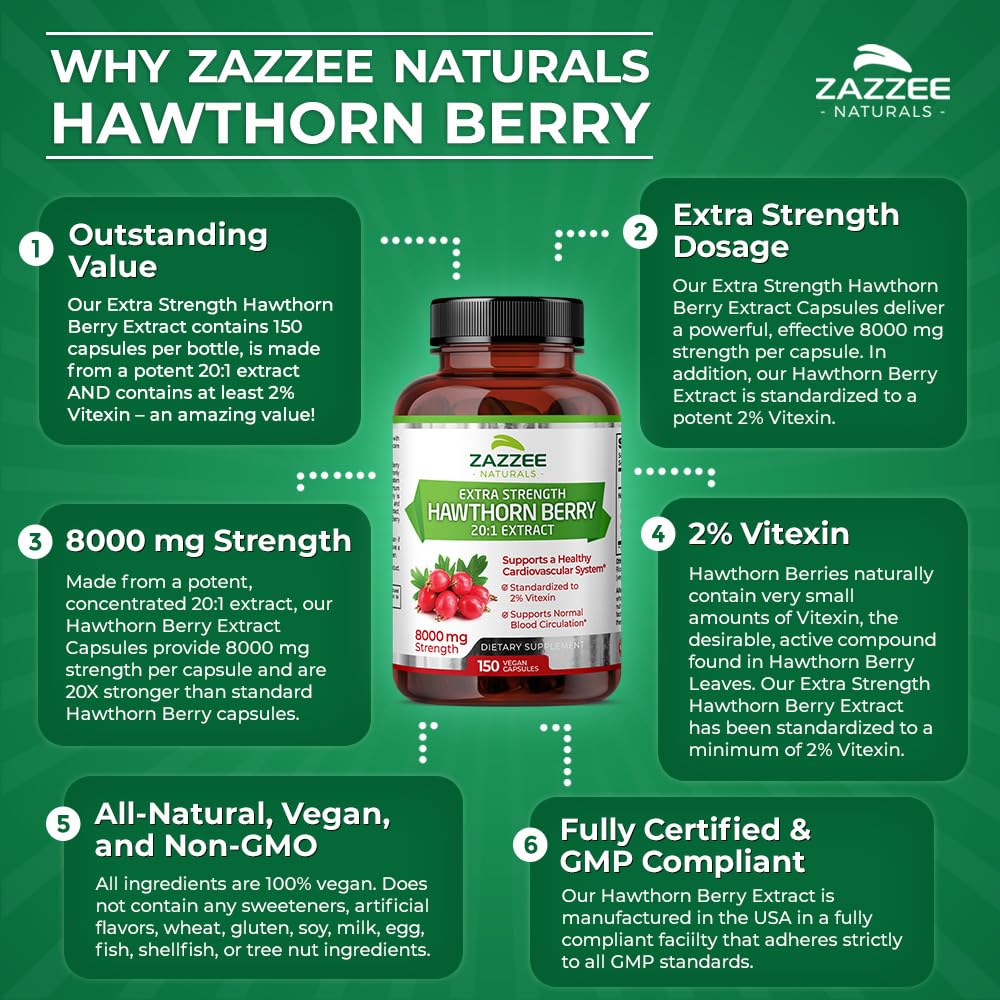 Zazzee Extra Strength Hawthorn Berry 20:1 Extract, 8000 mg Strength, 2% Vitexin, 150 Vegan Capsules, 5 Month Supply, Concentrated and Standardized Potent 20X Extract, Non-GMO and All-Natural