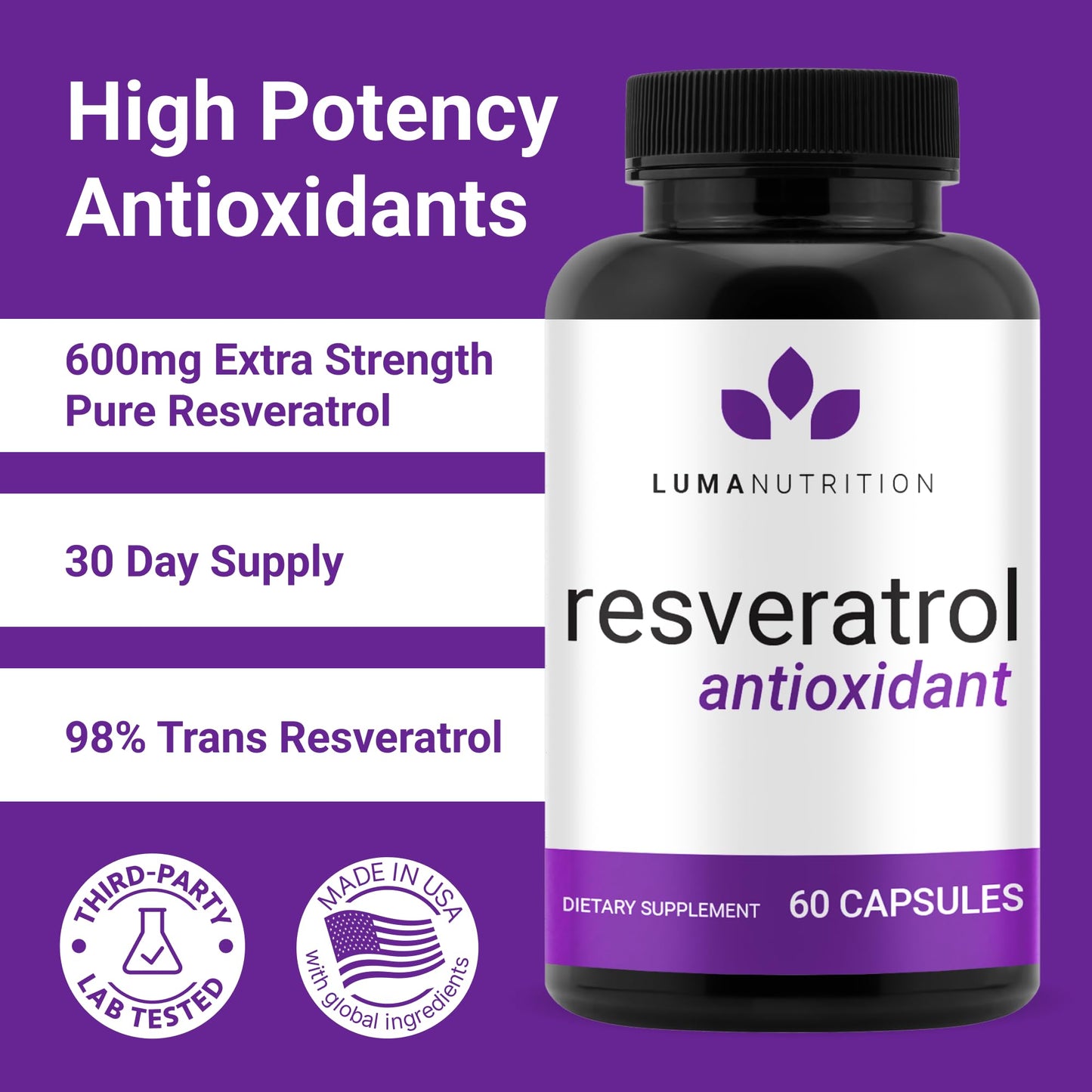 Luma Nutrition High Purity Resveratrol Supplement - 98% Trans-Resveratrol - Antioxidant - Resveratrol Capsules - Vegan & Gluten-Free - 60 Capsules