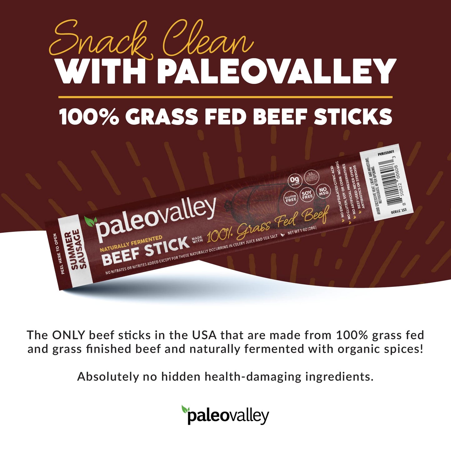 Paleovalley 100% Grass Fed Summer Sausage Beef Sticks - Delicious Gluten Free Beef Snack - High Protein Keto Friendly
