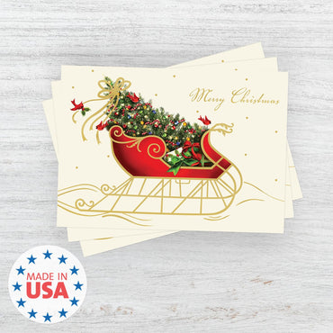 Canopy Street Masterpiece Holiday Sleigh Christmas Cards / 15 Traditional Holiday Cards With Coordinating White Envelopes Set / 5 5/8" x 7 7/8" Winter Greeting Cards With Inside Verse/Made In The USA