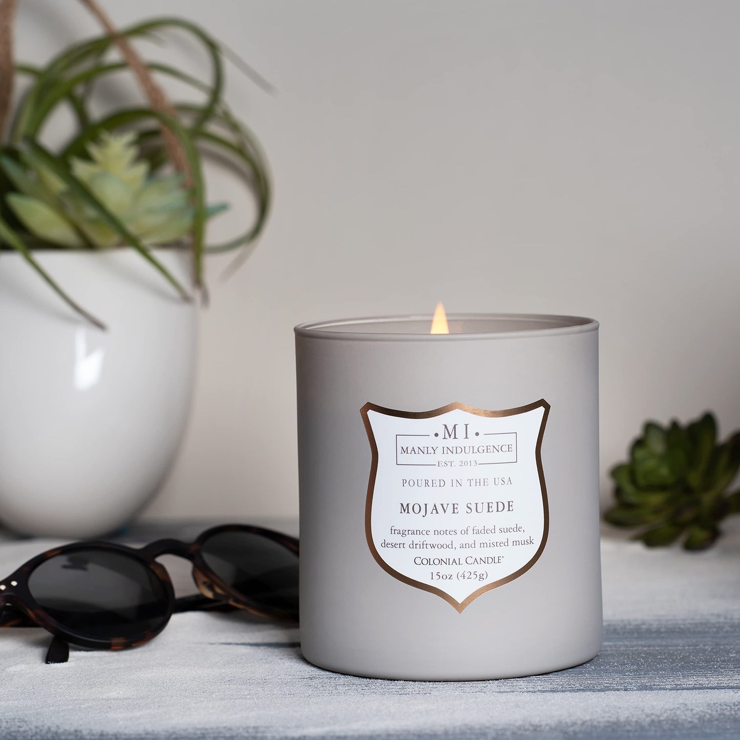 Manly Indulgence Mojave Suede Scented Jar Candle, Signature Collection, Wood Wick, Grey, 15 oz - Up to 60 Hours Burn