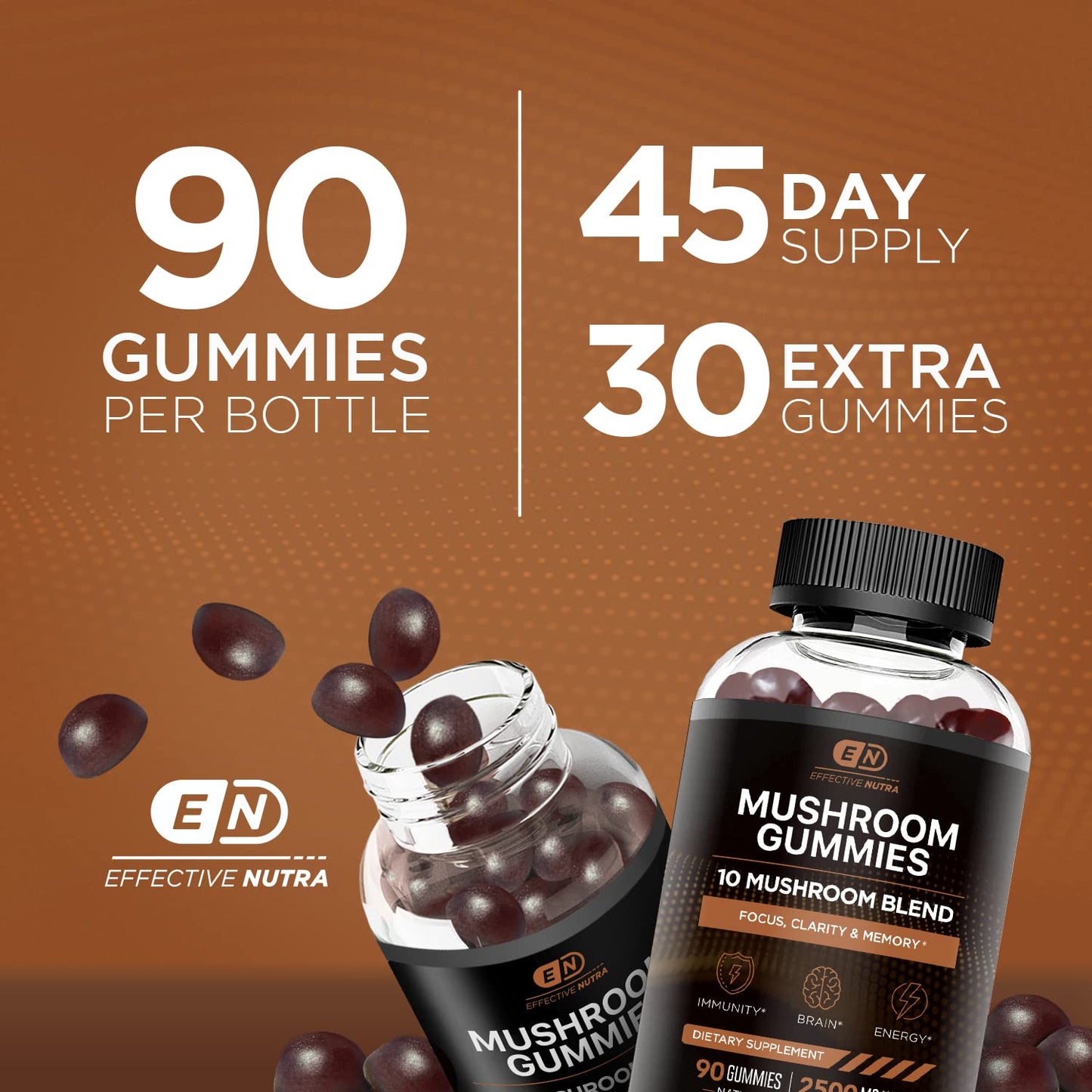 EFFECTIVE NUTRA Mushroom Gummies 2500mg | 10 Blend w/Lions Mane, Reishi, Chaga, Cordyceps & More | Focus, Memory, Immunity, Energy | Natural Berry Flavor Supplement | Vegan, Made in USA (90ct)