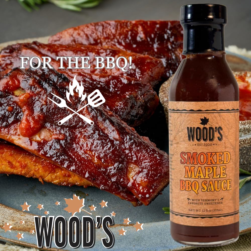 Wood’s Smoked Maple BBQ Sauce – Sweet & Smoky Small-Batch Barbecue Sauce Made with Real Vermont Maple Syrup | Bold Flavor with a Peppery Kick | All-Natural, No High Fructose Corn Syrup | 12 oz