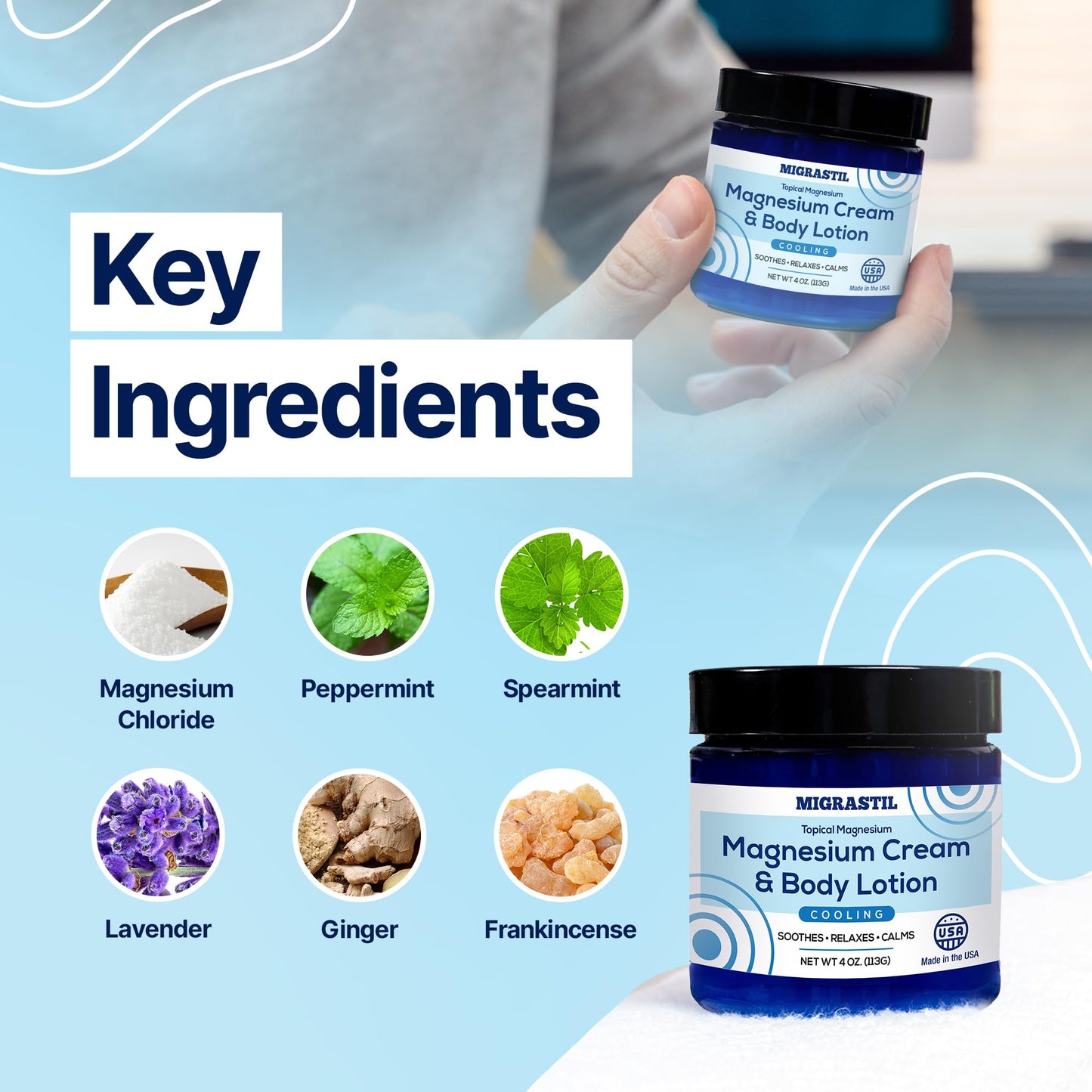 Cooling Magnesium Cream & Body Lotion - Promotes Sleep and Soothing Relief for Sore Muscles, Leg Discomfort, Etc. 4oz. Made in The USA.