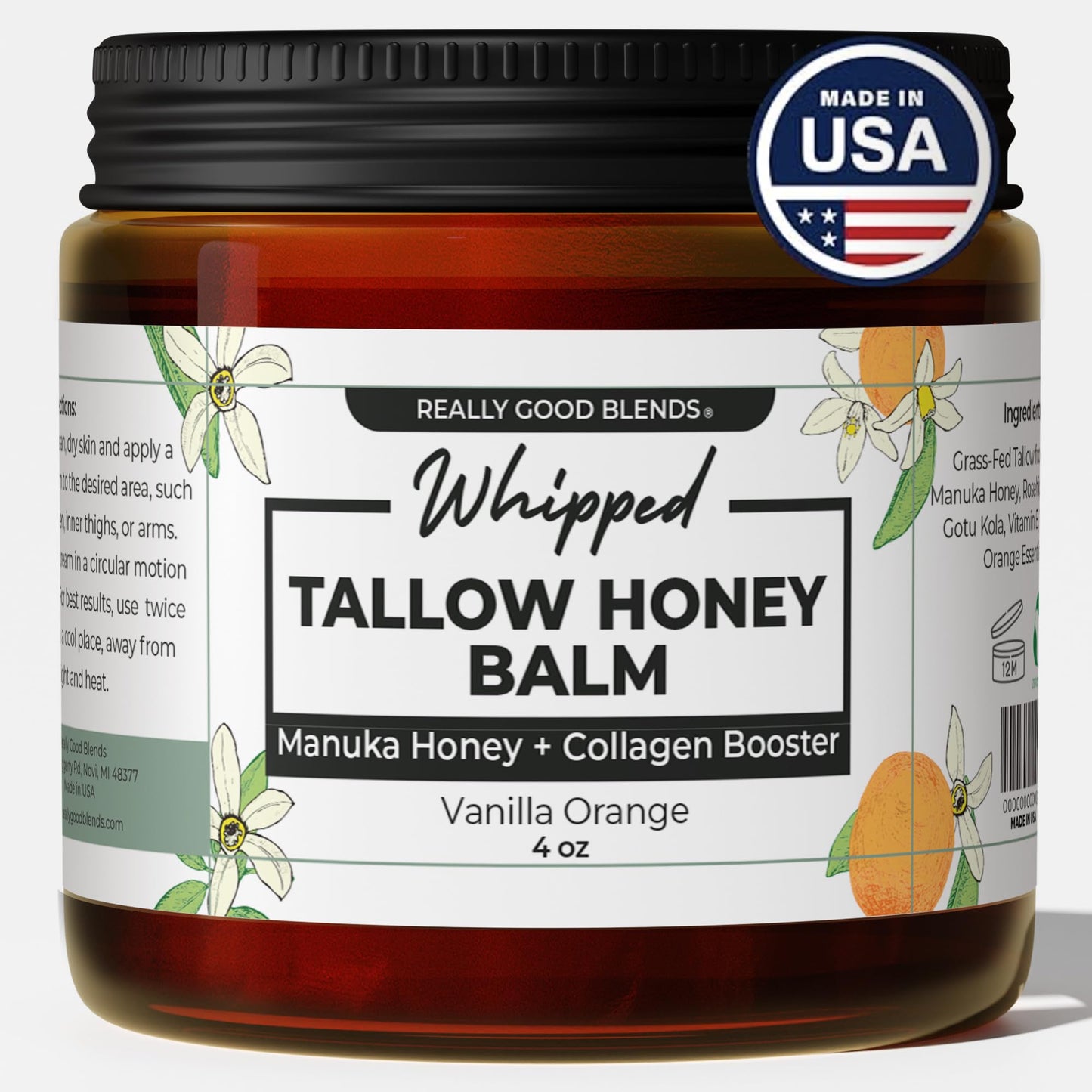 Really Good Blends Whipped Tallow Balm with Manuka Honey – 4 oz | Collagen-Boosting Body Butter | Beef Tallow for Skin | Face & Body Moisturizer | Made in USA (Vanilla Orange)