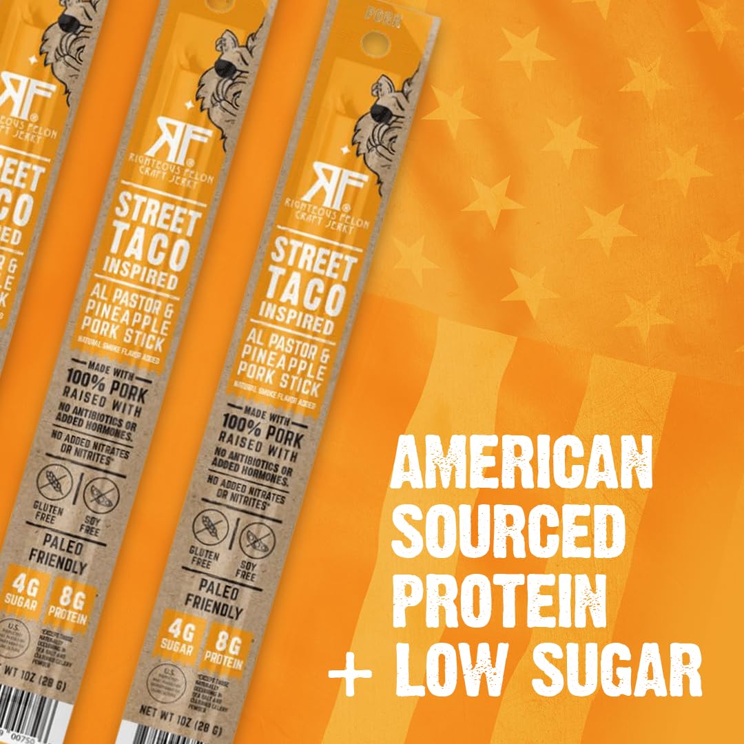 Righteous Felon Meat Sticks | 100% Pork Sticks | Gluten Free & Keto Meat Sticks | Low Sugar & High Protein Pork Sticks | Healthy Snack for Adults | Jerky Gifts for Men | Street Taco, 10 Pack