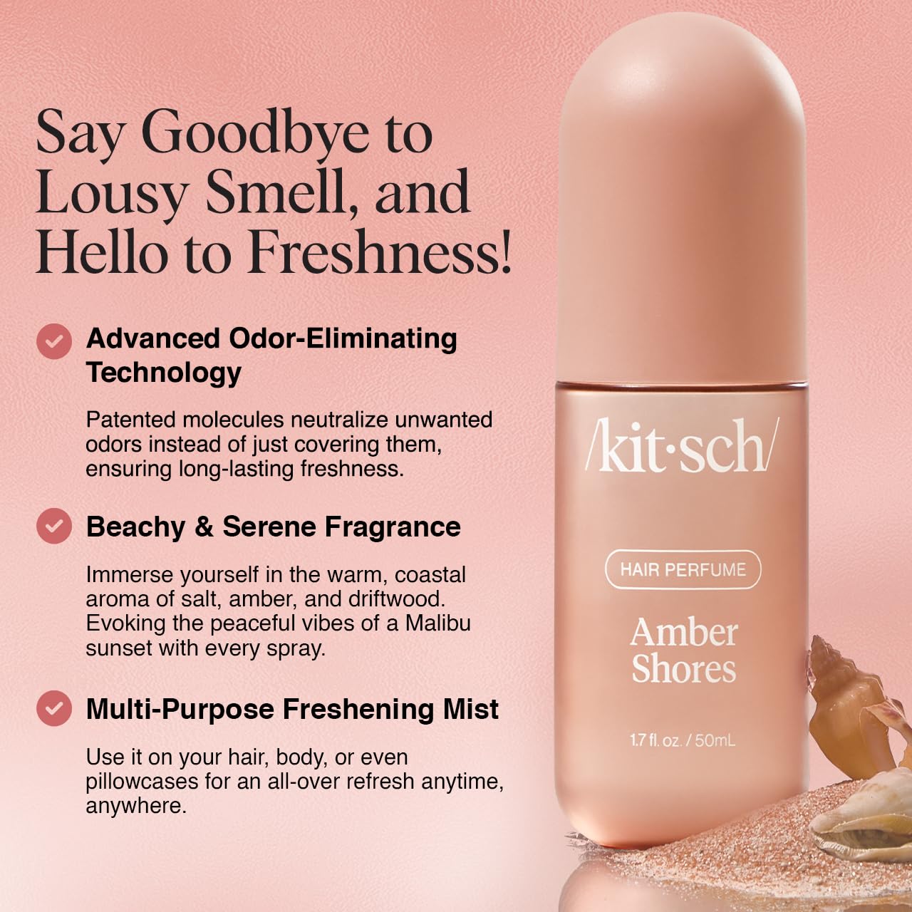 Kitsch Amber Shores Hair Perfume for Women - Hair Spray & Body Mist - Clean, Deodorizing & Patented Odor-Eliminating Technology - Freshen Hair, Body & Pillows - Woody Aquatic Scent - 50ml