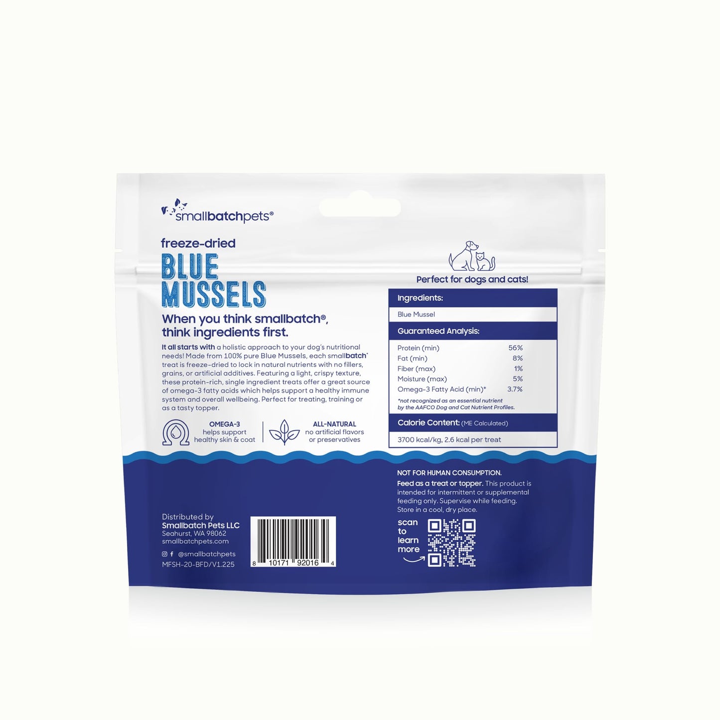 smallbatch Pets Freeze Dried Cat & Dog Treats, 2oz - 100% Blue Mussels, Organic High Protein Treats, Omega 3 Fatty Acids, Gluten Free, Grain Free, Made in The USA, Ethically Sourced, Single Protein