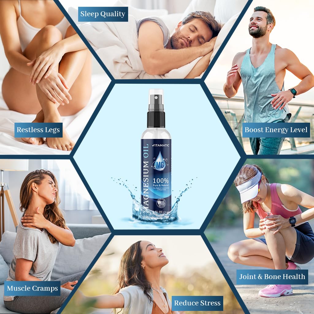 Vitamatic Pure Magnesium Oil Spray - 8 OZ - USP Grade Magnesium Spray, No Unhealthy Trace Minerals