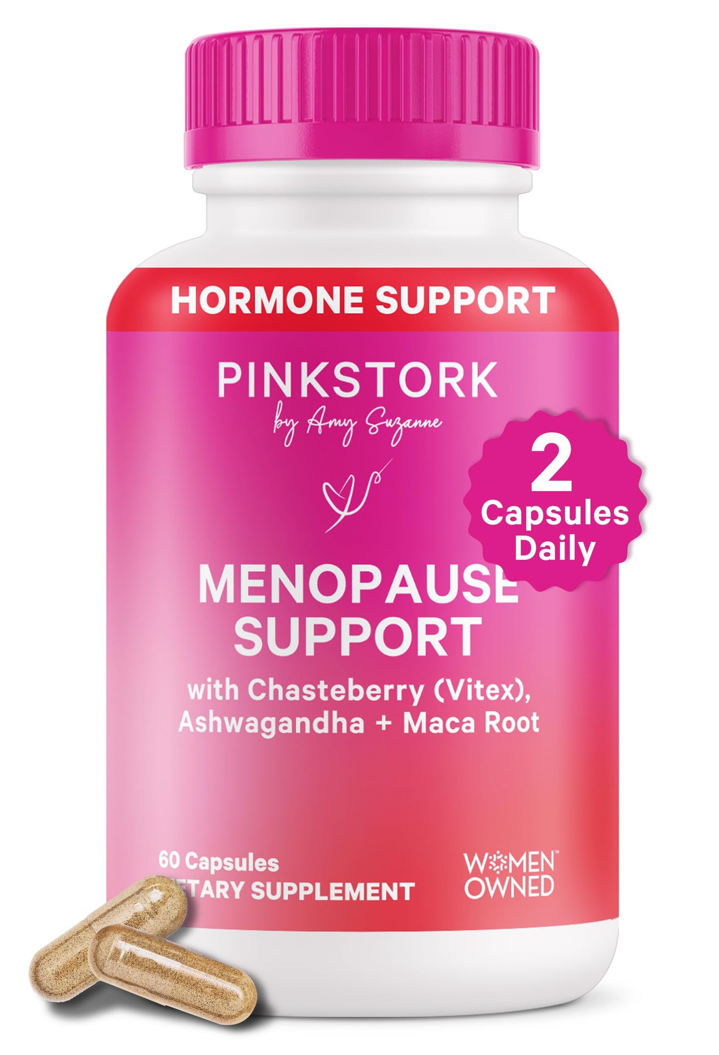Pink Stork Menopause Supplements for Women - Hot Flash, Cortisol, Stress Support - Perimenopause - 9 Clinically-Studied Herbs - Ashwagandha, Vitex, Maca Root, Black Cohosh - 60 Capsules