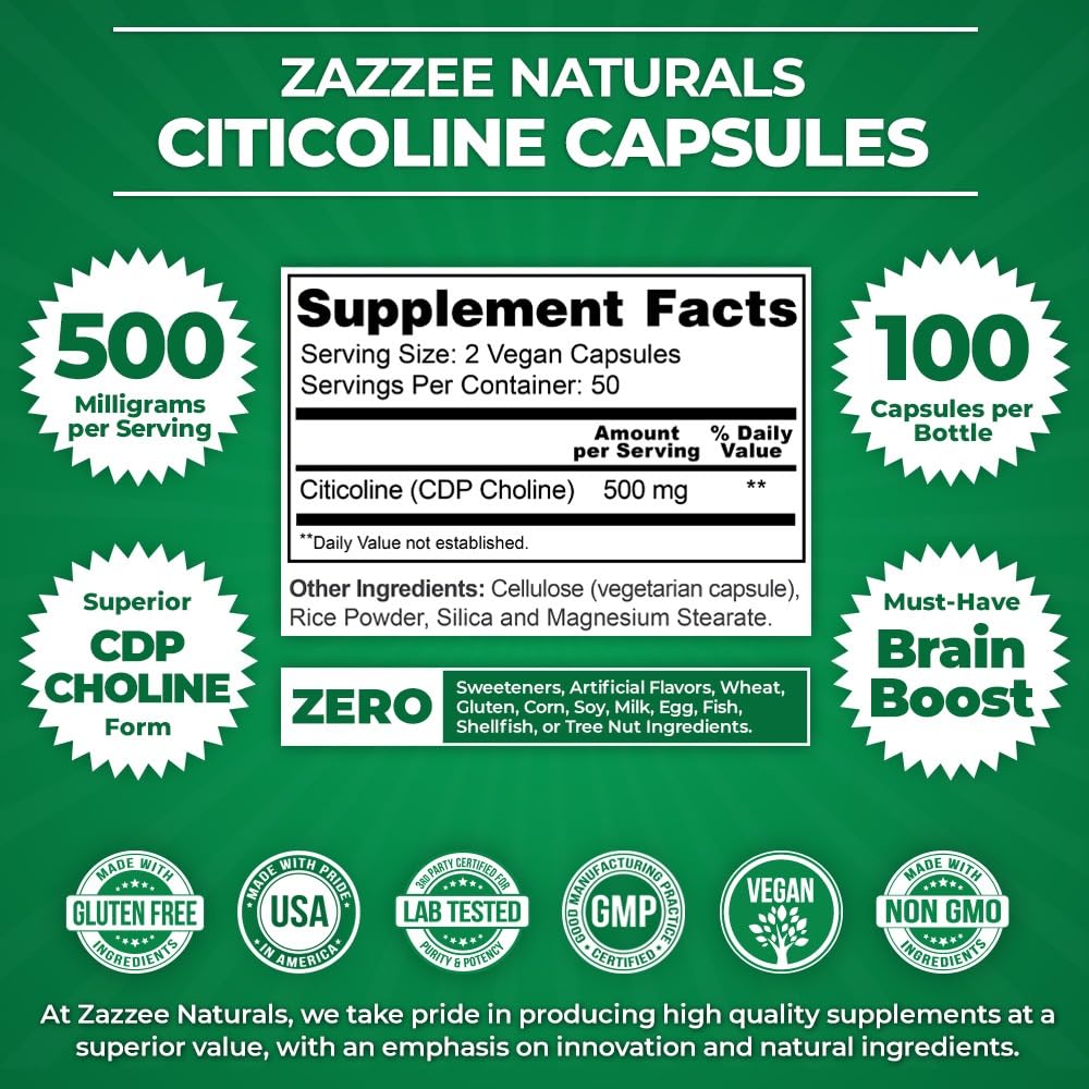 Zazzee Extra Strength Citicoline, 500 mg per Serving, 100 Vegan Capsules, Superior CDP Choline Form, 100% Vegetarian and Pharmaceutical Grade, 50-Day Supply, All-Natural and Non-GMO