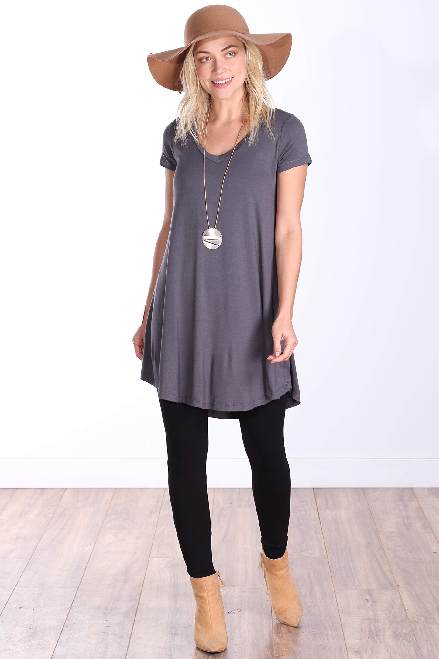 Popana Womens Short Sleeve Summer Tunic Tops to Wear with Leggings Loose Fit Made in USA Slate