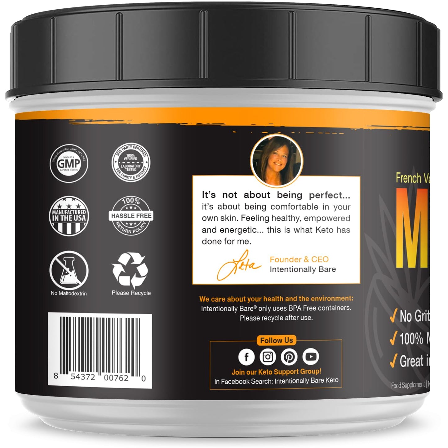 Intentionally Bare MCT Oil Powder French Vanilla MCT Coffee Creamer - C8 MCT Oil Powder for Energy & Metabolism - No Grit Keto Energy Blend Excellent in Baking, Shakes & Creamer for Coffee - 40 Ser