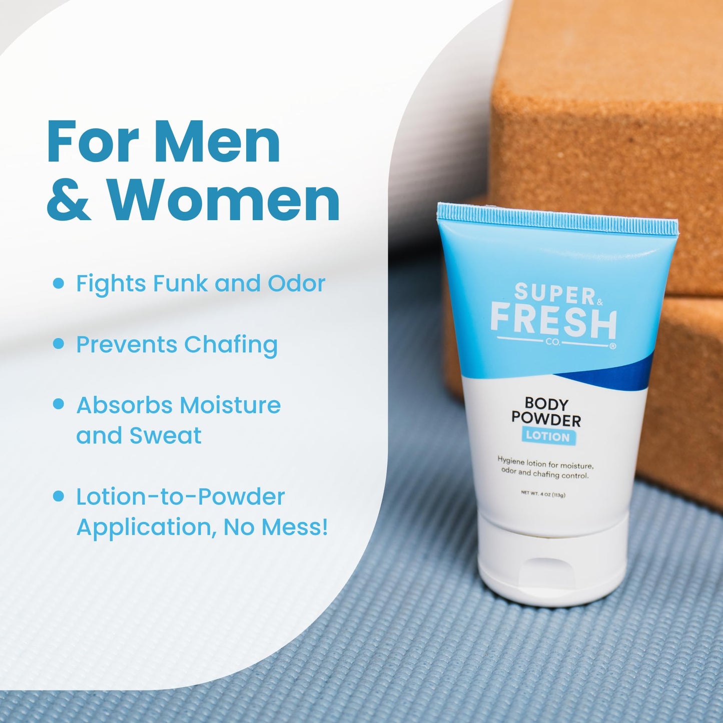 SweatBlock Super Fresh Body Powder Lotion Talc Free, Anti-Chafing, Deodorizing, Natural Ingredients - No Mess Body Powder Lotion for Men and Women - 4 fl oz.
